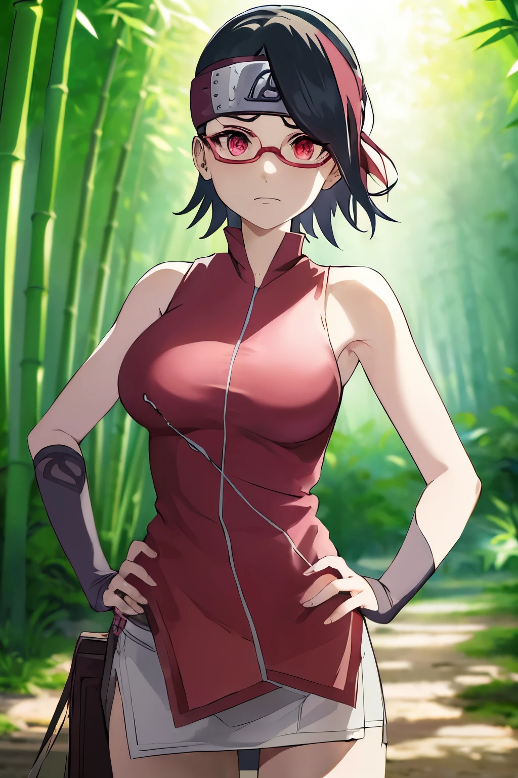 masterpiece, absurdres , (intricate details), (colorful),cinematic lighting,bust shot,extremely detailed CG unity 8k wallpaper, Sarada\(Next generations\), 1girl, very big breast, solo, miniskirt ,white bra, hand on hip,forehead protector, konohagakure symbol, headband, looking at viewer, outdoors, bamboo forest, frown, (large breasts), skinny