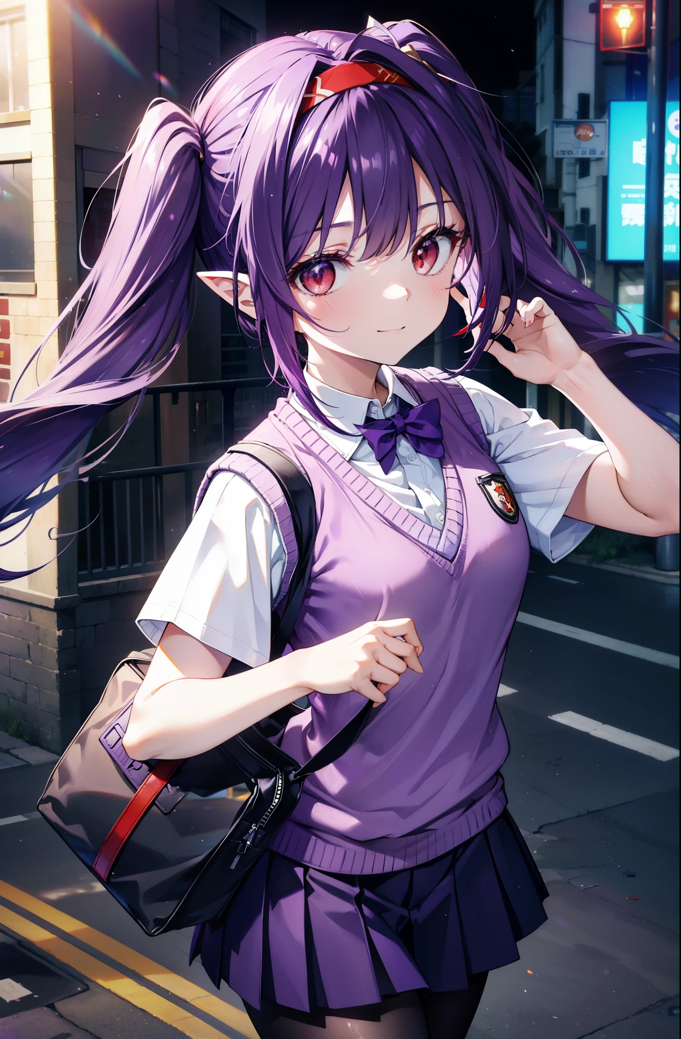yuukikonno, Yuki Konno, hair band, Long Hair, Pointy Ears, Purple Hair,Low twin tails, (Red eyes:1.5), (Small breasts:1.2), smile,White shirt,Sweater vest, (purple Sweater vest:1.5),Short sleeve,,Black pleated skirt,black tights,Brown Loafers,Toast in the mouth, running, City Street,morning,morning日,sunrise,Walking,whole bodyがイラストに入るように,
break looking at viewer, whole body,
break outdoors, Residential Street,crowd, people々々々々,
break (masterpiece:1.2), highest quality, High resolution, unity 8k wallpaper, (shape:0.8), (Beautiful and beautiful eyes:1.6), Highly detailed face, Perfect lighting, Highly detailed CG, (Perfect hands, Perfect Anatomy),