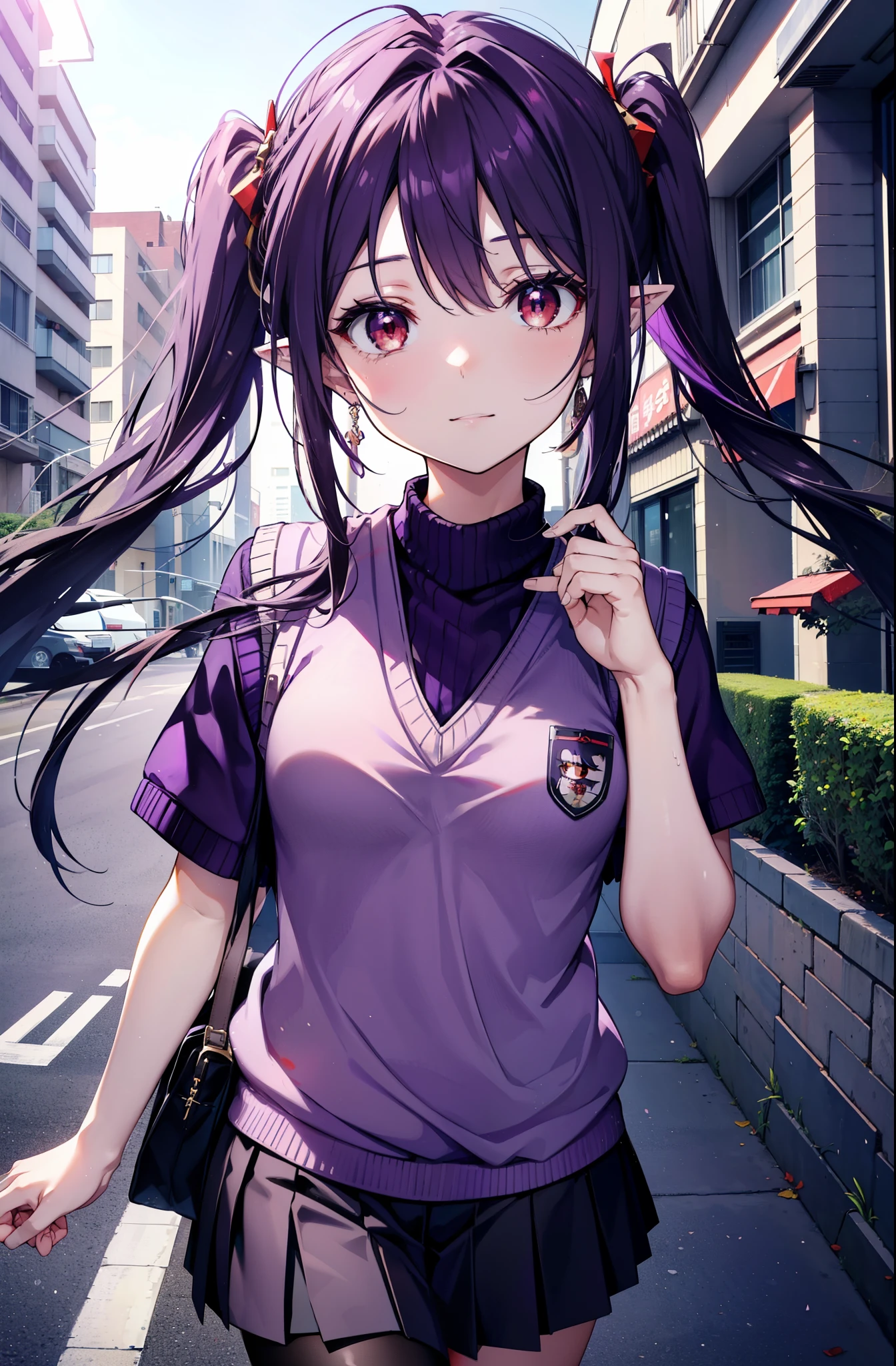 yuukikonno, Yuki Konno, hair band, Long Hair, Pointy Ears, Purple Hair,Low twin tails, (Red eyes:1.5), (Small breasts:1.2), smile,White shirt,Sweater vest, (purple Sweater vest:1.5),Short sleeve,,Black pleated skirt,black tights,Brown Loafers,Toast in the mouth, running, City Street,morning,morning日,sunrise,Walking,whole bodyがイラストに入るように,
break looking at viewer, whole body,
break outdoors, Residential Street,crowd, people々々々々,
break (masterpiece:1.2), highest quality, High resolution, unity 8k wallpaper, (shape:0.8), (Beautiful and beautiful eyes:1.6), Highly detailed face, Perfect lighting, Highly detailed CG, (Perfect hands, Perfect Anatomy),