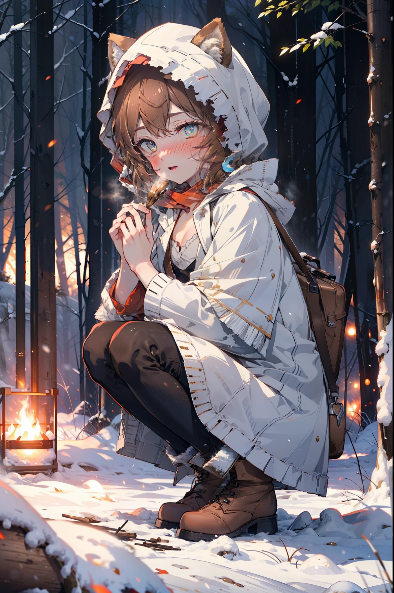 Lililukarde, Liliruka gets burned, Animal ears, (Brown eyes:1.7), Brown Hair, (Flat Chest:1.2), short hair,smile,blush,White Breath,
Open your mouth,snow,Ground bonfire, Outdoor, boots, snowing, From the side, wood, suitcase, Cape, Blurred, having meal, forest, White handbag, nature,  Squat, Mouth closed, Cape, winter, Written boundary depth, Black shoes, red Cape break looking at viewer, Upper Body, whole body, break Outdoor, forest, nature, break (masterpiece:1.2), highest quality, High resolution, unity 8k wallpaper, (shape:0.8), (Beautiful and beautiful eyes:1.6), Highly detailed face, Perfect lighting, Extremely detailed CG, (Perfect hands, Perfect Anatomy),