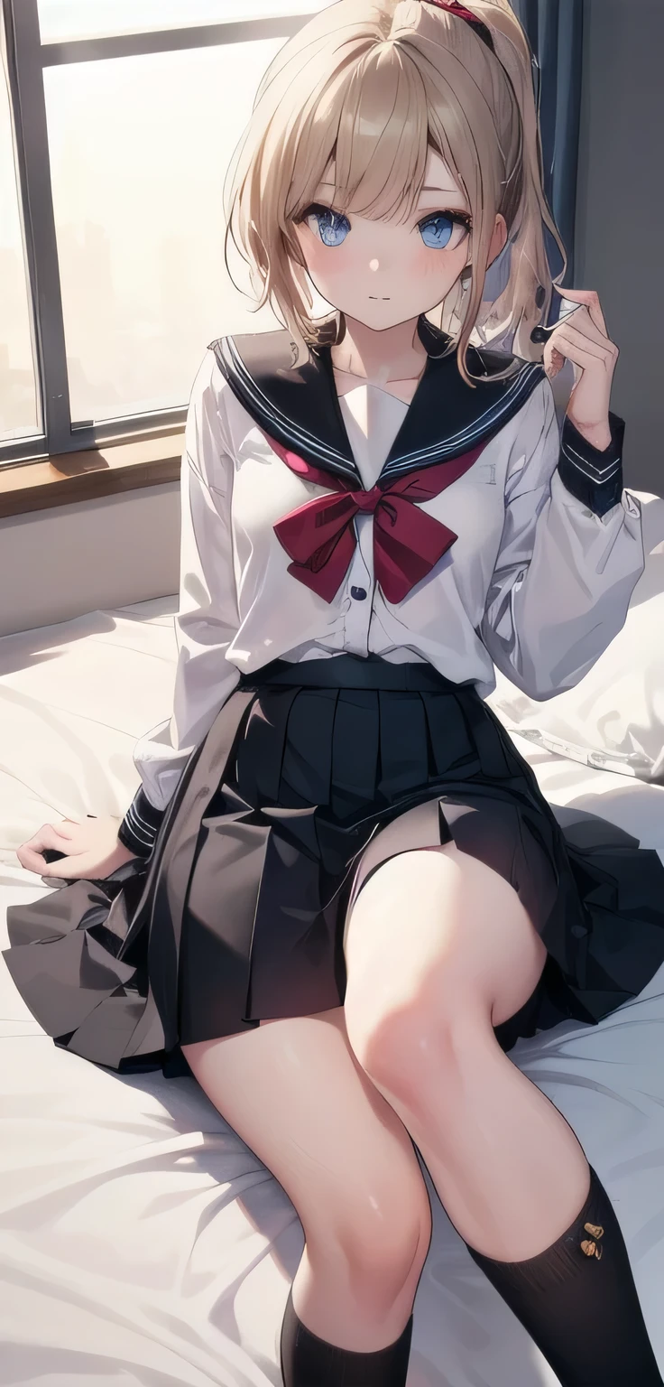 One Girl, Emma Watson, smooth nose, firm and thick eyebrows, calm hair color that is not too bright, light blue eyes, medium hair, braids, two sides up, ponytail, (flat chest 1.2cm), taut waist, Dowdy, Extreme Colors,
lying down on the bed,,spreading her legs,
BREAK
Black socks, ribbon, bow tie, brown footwear made of high quality leather, detailed buttons, gray sailor collar, gray skirt, loafers, long sleeves, long skirt, pleated skirt, sailor collar, stylish and cute popular Designed school uniforms, seraphuku, shirts, , skirts, white shirts, winter clothes, yellow ribbons, yellow bow ties,
BREAK
Viewer's perspective, elegance,
BREAK
Indoors, in hotel,
BREAK
(Masterpiece) :1.3), Top Quality, Absolute Resolution, Unity 8K Wallpaper, (Illustration: 0.8), (Beautiful Detailed Eyes: 1.6), Highly Detailed Face, Perfect Lighting, Highly Detailed CG, (Perfect (hands, perfect anatomy),