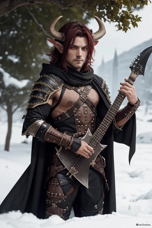 a male Satyr in full studded leather armour, he's holding a lute and a long cloak, he has very short horns pointing backward, his hair is dark red and has a cleaver look to him, and large pointy ears