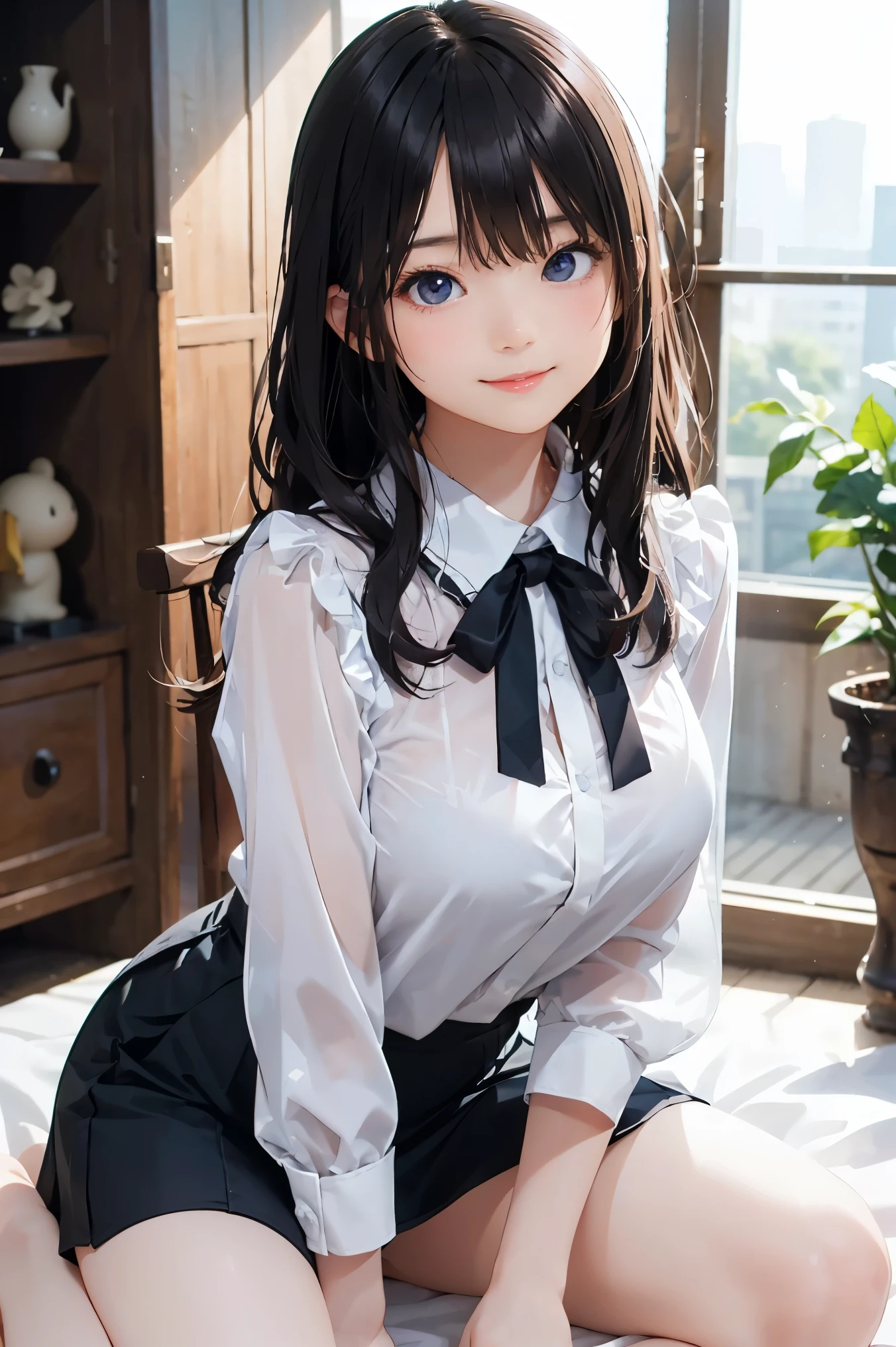 very cute and beautiful girl,(highly detailed beautiful face and eyes:1.2),white school blouse,pleated plaid mini skirt,skirt lift,(white panties),dynamic angle,(smile),blush,looking at viewer,black hair, countryside,wooden cottage,bed room,detailed background, (best quality,masterpiece:1.2),intricate details,extremely detailed,8k resolution,solo,natural lighting, hair fluttering in the wind,beautiful detailed sky,(realistic),