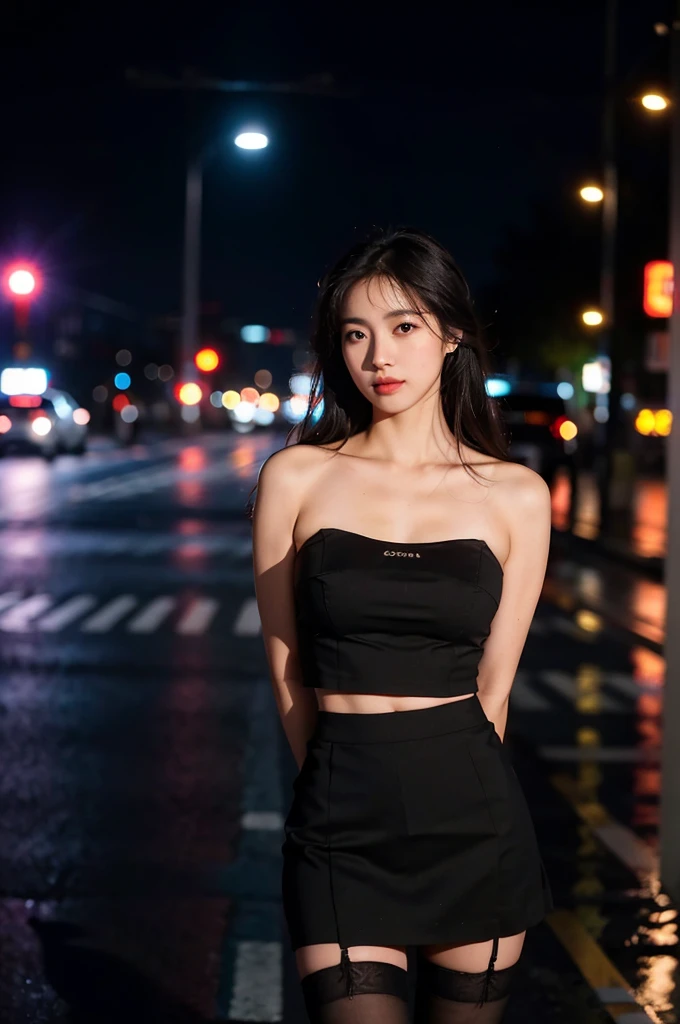 (8k, RAW photo, best quality,
masterpiece:1.4), ultra high res, (realistic, photo-realistic:1.48),omertosa,1girl,(Kpop idol), (aegyo sal:1),cute, (super bokeh night city center:1.25), bokeh, night, traffic lights, road sign, rain, after rain, wet, professional lighting, detailed lighting, photon mapping, radiosity, physically-based rendering,Black pantyhosebloom, backlighting, depth of field, natural lighting, hard focus, film grain, one meter shooting distance, professional photoshoot, photographed with a Sony a9 II Mirrorless Camera, detailed eyes, realistic eyes, detailed shadow, looking at viewer, detailed lighting, skirt, red skirt, thighhighs, black thighhighs, (detailed hair, realistic hair, realistic lighting, realistic shadow, realistic outfit), realistic skin, (gun on waist:1), realistic reflection of light from above, ((arms behind back)),(hands behind),tube top,sexy, big breast, mini skirt wear
