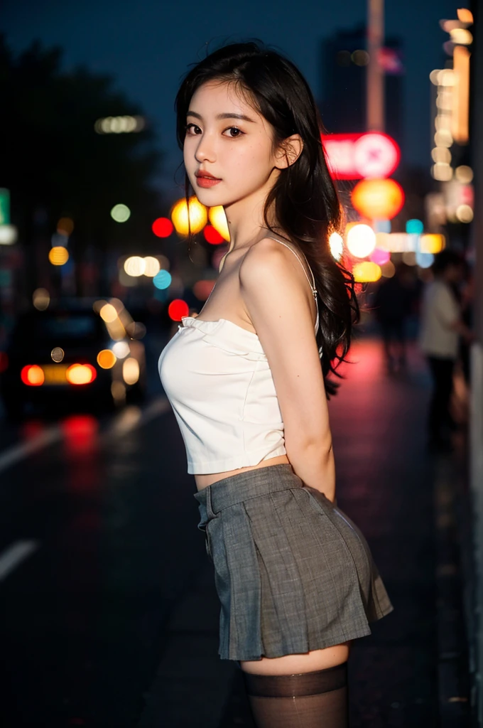 (8k, RAW photo, best quality,
masterpiece:1.4), ultra high res, (realistic, photo-realistic:1.48),omertosa,1girl,(Kpop idol), (aegyo sal:1),cute, (super bokeh night city center:1.25), bokeh, night, traffic lights, road sign, rain, after rain, wet, professional lighting, detailed lighting, photon mapping, radiosity, physically-based rendering,Black pantyhosebloom, backlighting, depth of field, natural lighting, hard focus, film grain, one meter shooting distance, professional photoshoot, photographed with a Sony a9 II Mirrorless Camera, detailed eyes, realistic eyes, detailed shadow, looking at viewer, detailed lighting, skirt, red skirt, thighhighs, black thighhighs, (detailed hair, realistic hair, realistic lighting, realistic shadow, realistic outfit), realistic skin, (gun on waist:1), realistic reflection of light from above, ((arms behind back)),(hands behind),tube top,sexy, big breast, mini skirt wear
