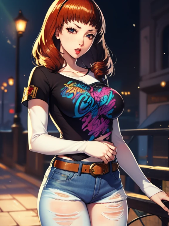 celica fe, 1girl, solo, standing, black t-shirt, white shirt, blue jeans, belt, lipstick, large breasts, layered sleeves, short over long sleeves
