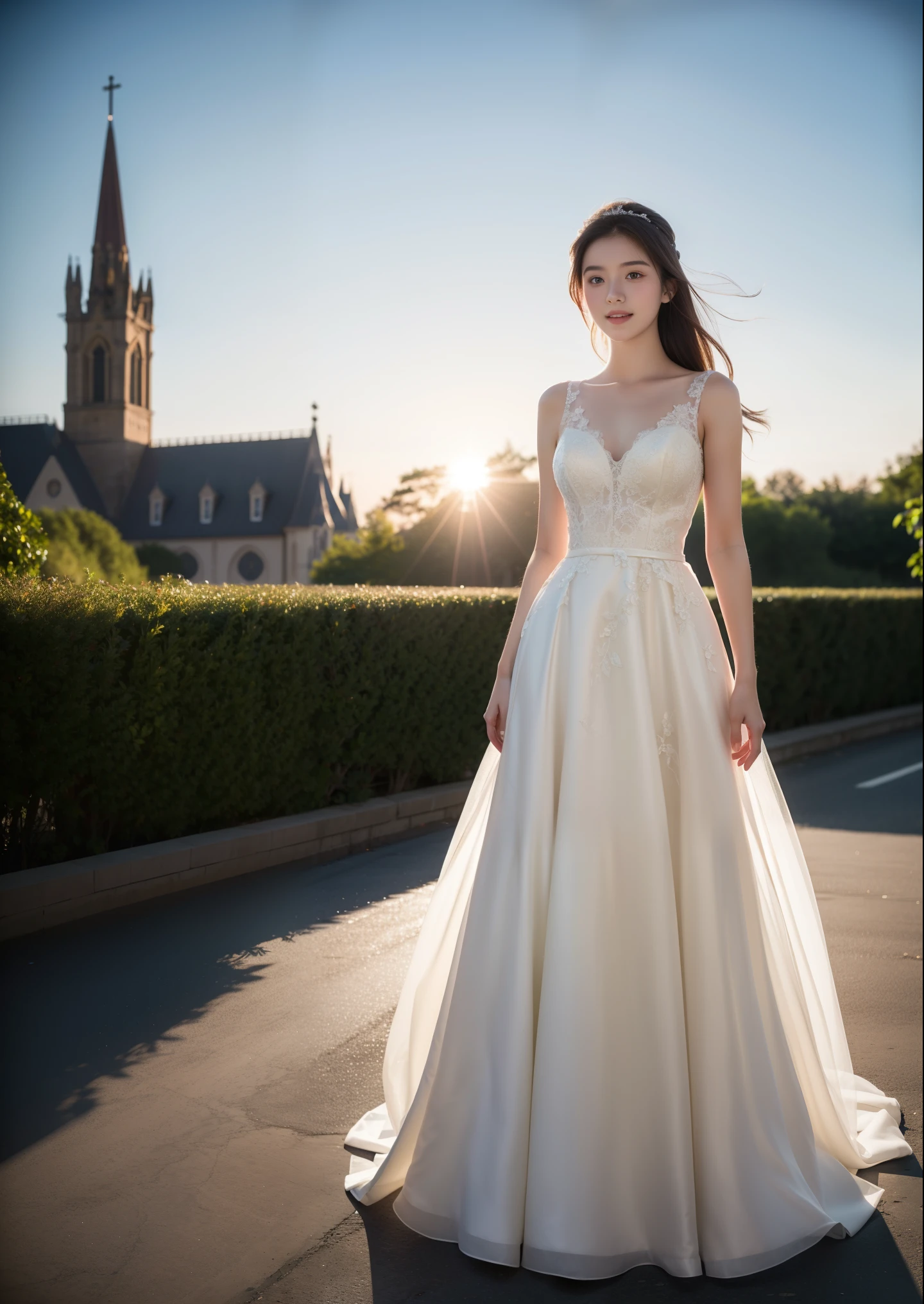 Beautiful 17 year old woman。She is wearing a wedding dress. She is smiling on illuminated by the evening church lights . romantic sunset. her dark brown hair. High resolution、masterpiece、highest quality、頭w:1.0、((Hasselblad Photos))、fine skin、(movie lighting)、clavicle . full body picture.