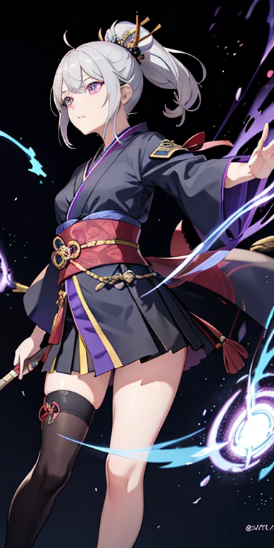 Stingy, kimono, ponytail ,Gray Hair, Purple eyes, magic circle, Blue Fire, Blue Flame, wallpaper, landscape, Blood, Blood splatter, Depth of written boundary, night, Particles of light, light, Side light, Thighs, destiny \(series\), Genshin Impact, ****, Open jacket, skirt, Knee socks, cloud