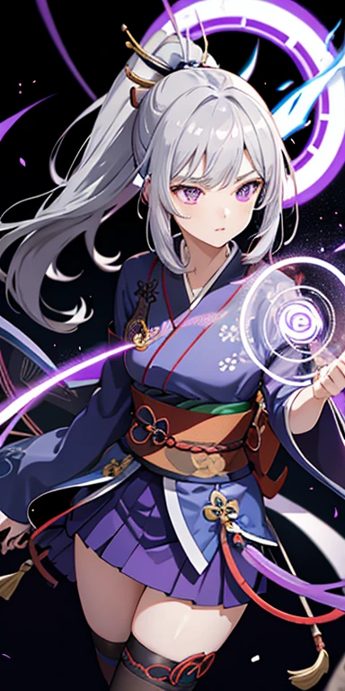 Stingy, kimono, ponytail ,Gray Hair, Purple eyes, magic circle, Blue Fire, Blue Flame, wallpaper, landscape, Blood, Blood splatter, Depth of written boundary, night, Particles of light, light, Side light, Thighs, destiny \(series\), Genshin Impact, ****, Open jacket, skirt, Knee socks, cloud