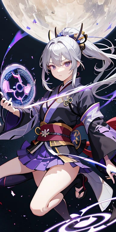 Stingy, kimono, ponytail ,Gray Hair, Purple eyes, magic circle, Blue Fire, Blue Flame, wallpaper, landscape, Blood, Blood splatter, Depth of written boundary, night, Particles of light, light, Side light, Thighs, destiny \(series\), Genshin Impact, ****, Open jacket, skirt, Knee socks, cloud