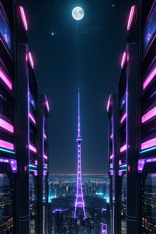 highest quality、Futuristic City、neon、Beautiful night view、colorful、Starry Sky、moon