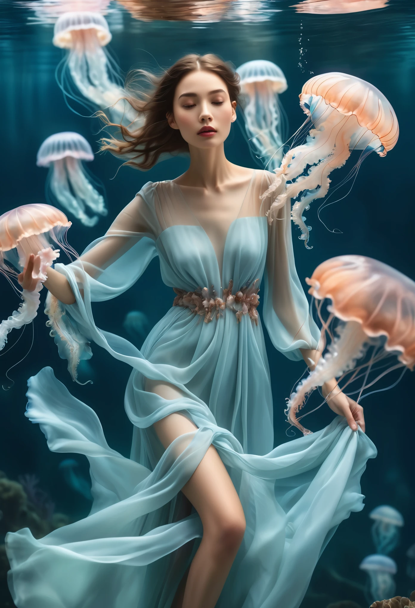 hyper-realistic portrait set in a realm where the boundaries between water and sky are blurred. A woman in a chic ensemble floats gracefully,with ethereal jellyfish acting as her companions. Her dress,made of a material that mimics the translucence of the creatures,adds to the enchantment.,