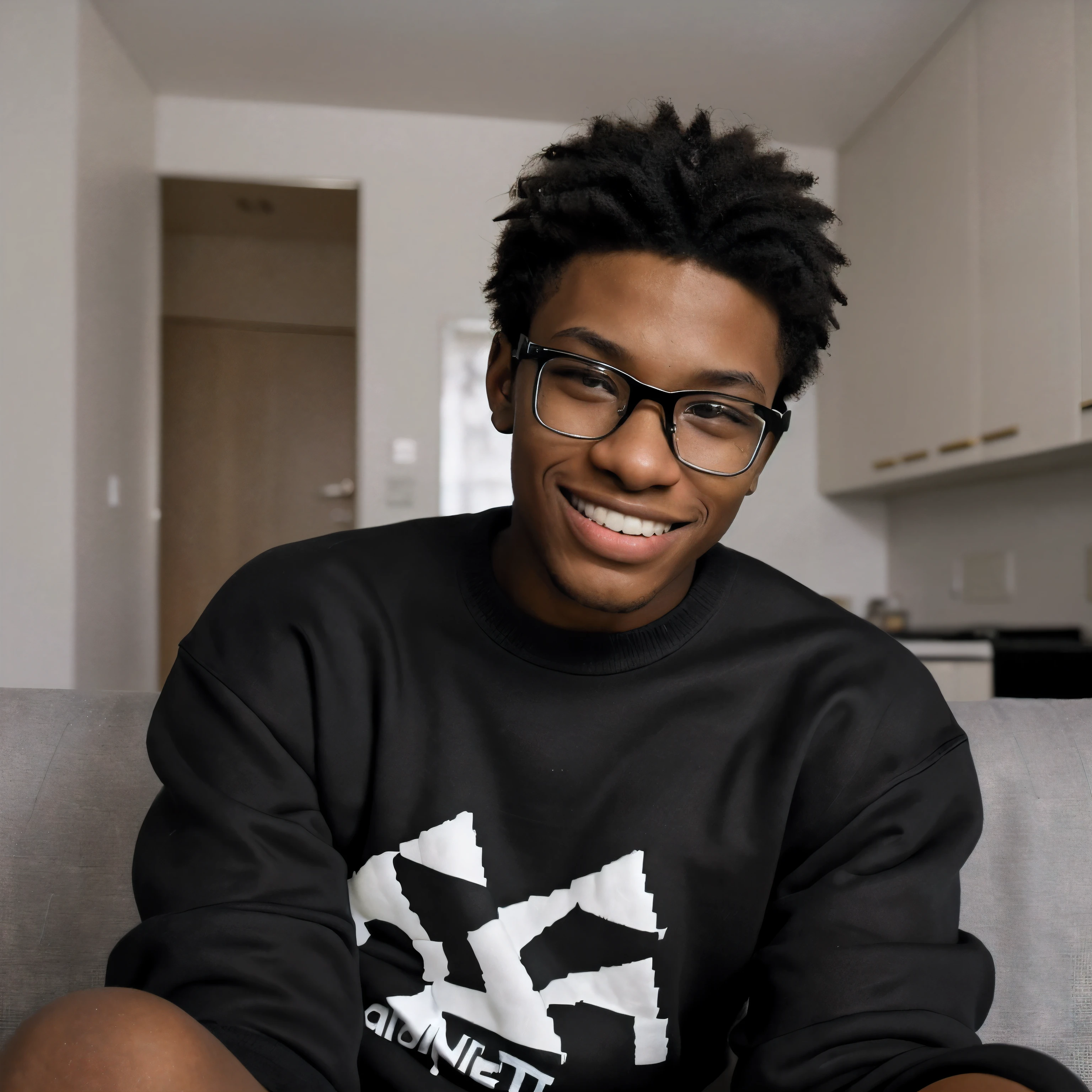 18 year old boy, American features, black man with light skin, wearing Adidas sweater, confident expression and mischievous smile realistic background of an apartment in São Paulo Sitting on the sofa, straight black hair wearing rectangular black-framed glasses. Realistic and amateur selfie.
