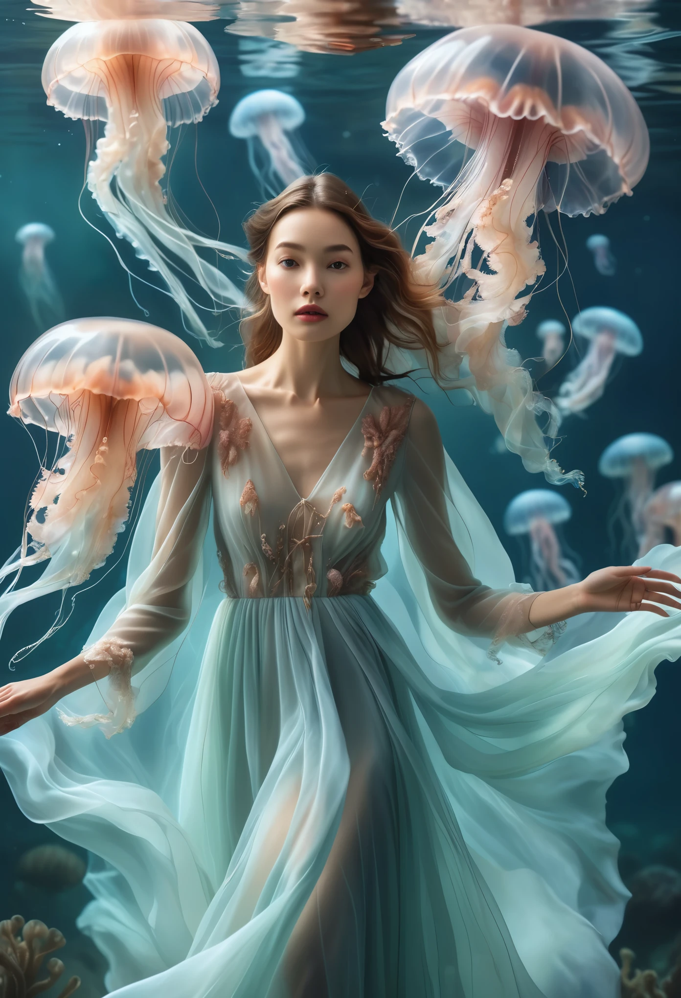 hyper-realistic portrait set in a realm where the boundaries between water and sky are blurred. A woman in a chic ensemble floats gracefully,with ethereal jellyfish acting as her companions. Her dress,made of a material that mimics the translucence of the creatures,adds to the enchantment.,