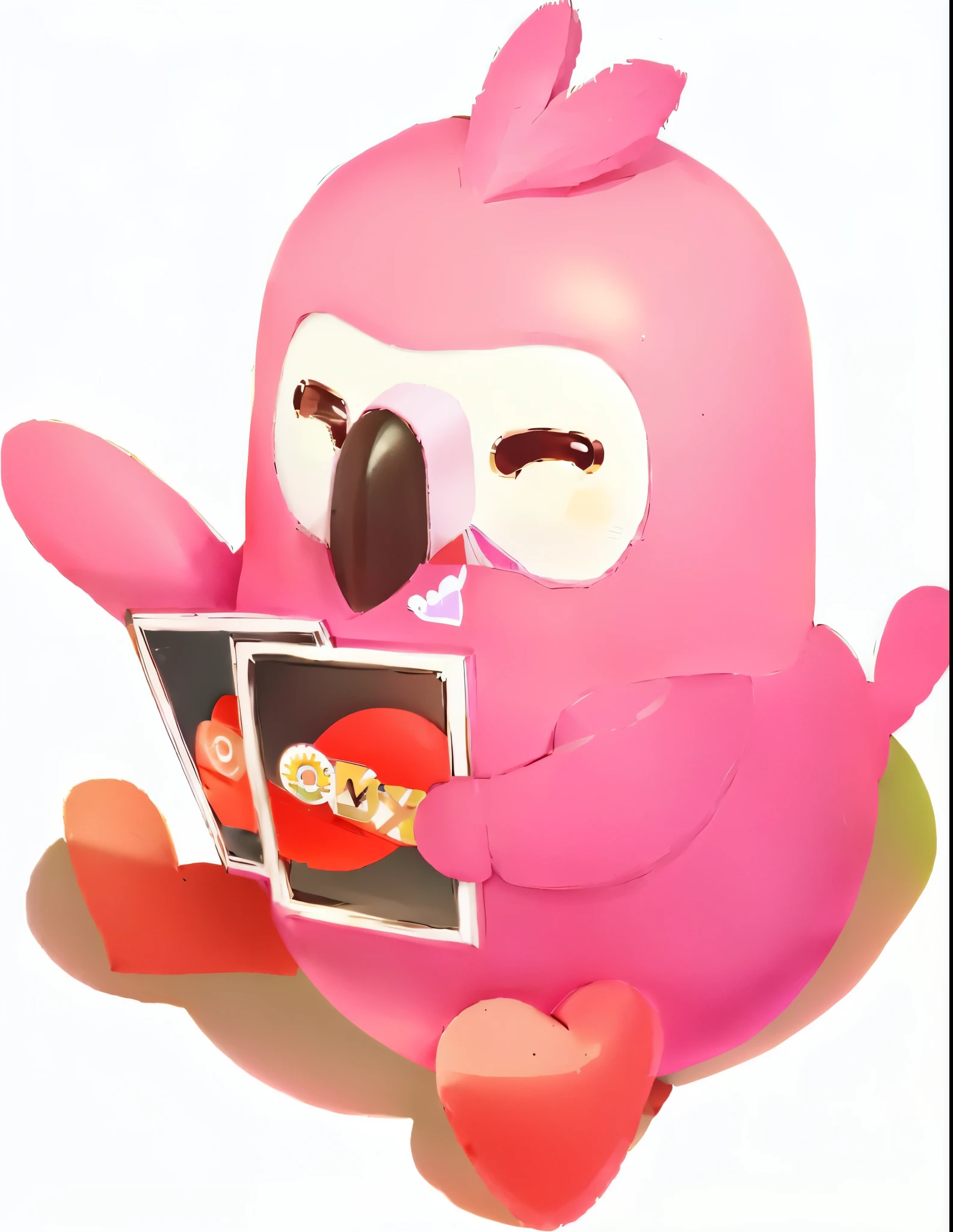 cartoon pink bird holding a card and a heart, poyo, pink iconic character, cooky, birb, ad image, owsley, booru, owo, safebooru, noot noot, blushing, umamusume, aokamei, danbooru, 🐿🍸🍋, game, owlbear