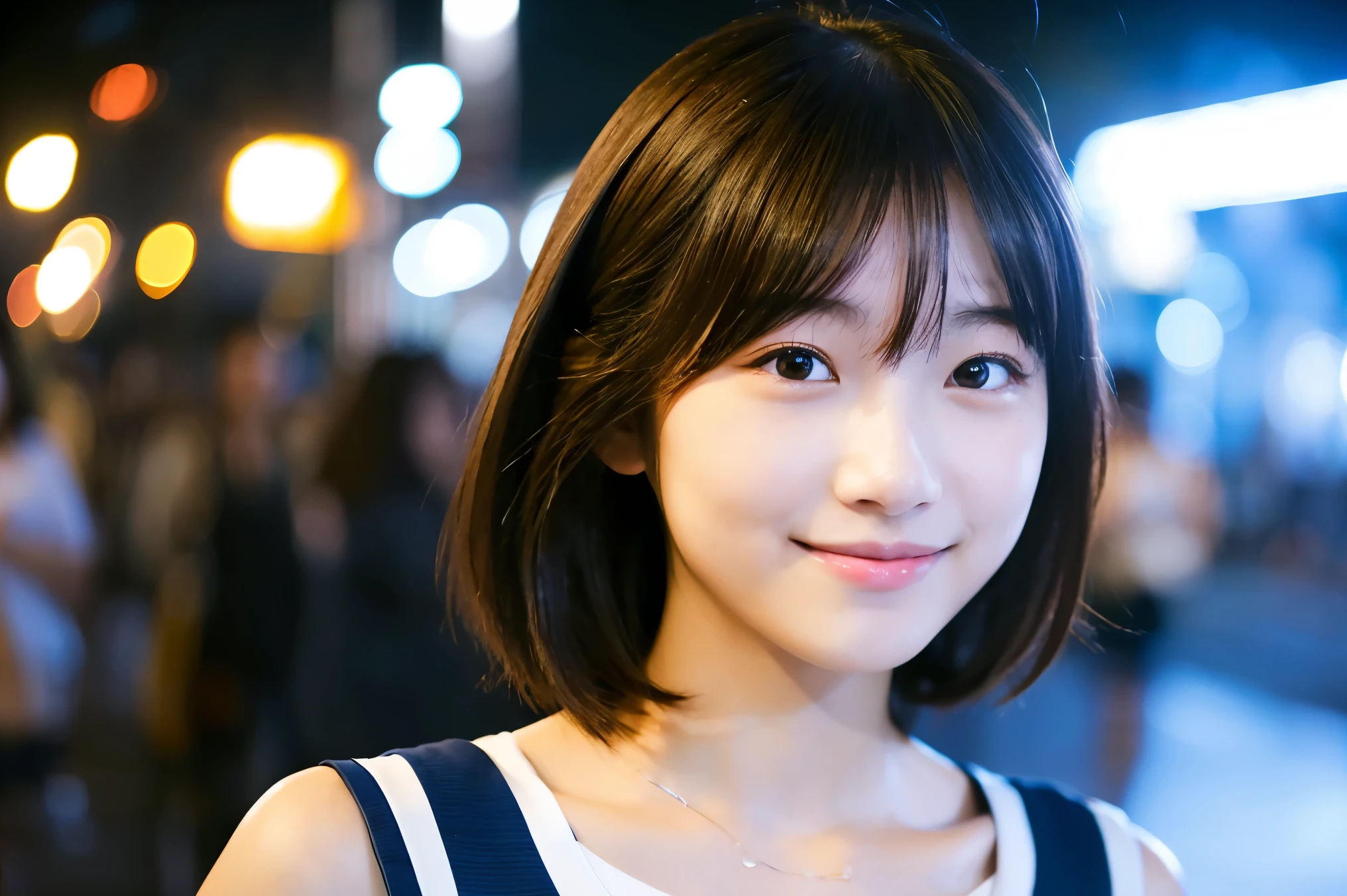 Very detailed　Amazingly high quality　Very high quality　smile　photograph　3 Japanese girls　Each girl has a different hairstyle randomly　　Fair skin　16 years old　((Half-open lips:1.3))　Beautiful and soft skin　((Beautifully styled straight short hair))  Beautiful and perfect body　Surprisingly very cute　Beautiful young man with clear skin々New Skins　16 years old　(A high school girl wearing a thin camisole) Big Breasts　whole body　Everyday City　Busy city　　((night))　audience&#39;perspective　　Front view　　(Big Breasts:1.3)   (Cleavage)　(Amazingly cute girl:1.3)　　(whole bodyポートレート)　