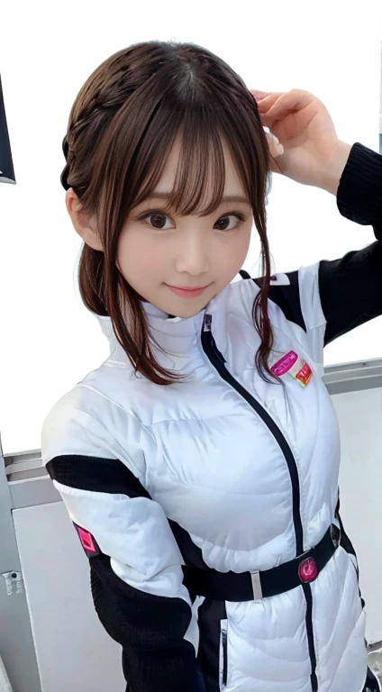 (8k、Raw photo、highest quality、masterpiece:1.2)、(Realistic、Photorealistic:1.37)、Ultra-detailed、超A high resolution、BREAK inside space station ,inside spacecraft, BREAK 1 girl、Seeing the viewer、Beautifully detailed face、Laughter、narrow、(Narrow waist) :1.3)、((Red shirt outfit))、Beautifully detailed skin、Skin Texture、Floating Hair、((Tie your hair together))、Shapely large breasts、Professional Lighting、In front of the station at noon、Human whole body、Brown Hair、((The line is busy))、BREAK ((Detailed face, Professional photography)), Ultra-high resolution, (Realistic: 1.4), RAW Photos, highest quality, (PhotoRealistic Stick), concentrate, Soft Light,masterpiece, highest quality, Very detailed, 8K, BREAK (arms behind back):5,(arms up behind):1, (black sleeves):10,(black long tightfit sleeves) BREAK (headphone):10 (metallic gray astrovest), (metallic luster mirror finish astrovest):2,belt, BREAK blush:3,smile,look at viewer,(Blunt bangs),(black hair):2,(long hair):1.3 (drooping eyes),(Young Face), BREAK Portrait,(solo),1girl,(Caucasian):10,(android girl):1.4,Plump:0.7, ((25 years old)), ((Japanese)), BREAK (hidden hand):10, BREAK (Written boundary depth,futuristic space station,,space station,Bomi,neotech,bing_astronaut