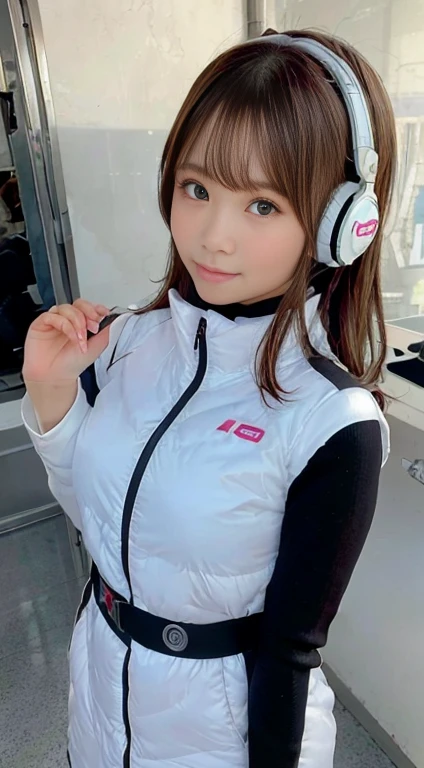 highest quality、超A high resolution、(Photorealistic:1.4)、Beauty、Korean Idol、21 years old、Highly detailed eyes and face、Beautiful and fine details、Eyeliner、High nose、Small Face、Natural light、Depth of written boundary、Blurred Background、High resolution、8k wallpaper details、Highly detailed 8K wallpapers、Hair length、Light brown hair、Neat wavy hairstyle、、Very small breasts、Realistic eyes, 細い narrow eyes、Beautiful Eyes、Laughter、(astrovest):10,(black sleeves):5,(headphone ):2、BREAK Hi-tech office interior、Glass-walled conference room、Modern design desk and chair、PC and dual monitors、Foliage plant、Interactive Whiteboard、Open space、People who collaborate々