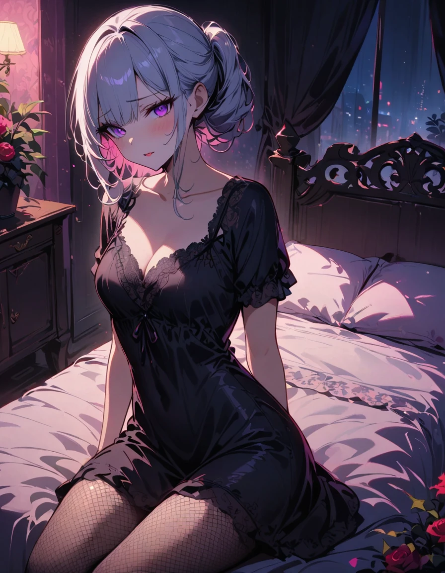 ((SFW)), (masterpiece, best quality, highres), 1 adult female, solo, nighttime, sitting on a bed, ((bed is outside)), forest in the background, ((comfortable night gown, short sleeves night gown)), long silver hair, pale pink lips, Fishnet tights, blushing, ((anxious, waiting for someone)), three bangs, purple pupils, (facial details, beautiful eyes, eyes full of details), dim moon light