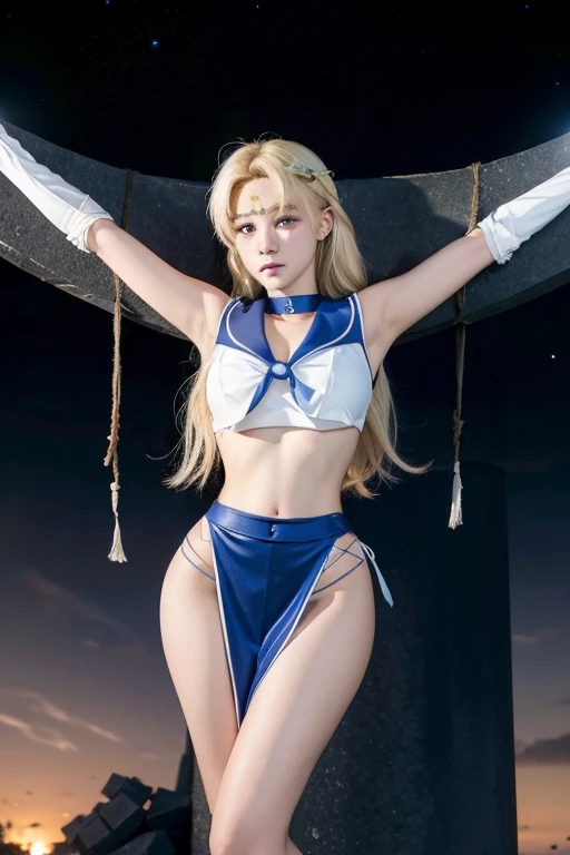 Beautiful girl、Sailor Moon, Beautiful Blue Eyes、White panties、Blonde hair that is almost yellow、Beautiful blonde long hair, A cute 19 year old face、Stretch your arms out horizontally、Christ Pose、Crucifixion、Execution、choker, White gloves, Thighs、Big Breasts、Large Breasts、Big Hips、Beautiful feet、Big red ribbon on chest、Defeated Heroine、Torn clothes、I can see your underwear、Torn blue skirt、rubble、Destroyed city、battlefield、inflammation、Torn Costume、Looking down