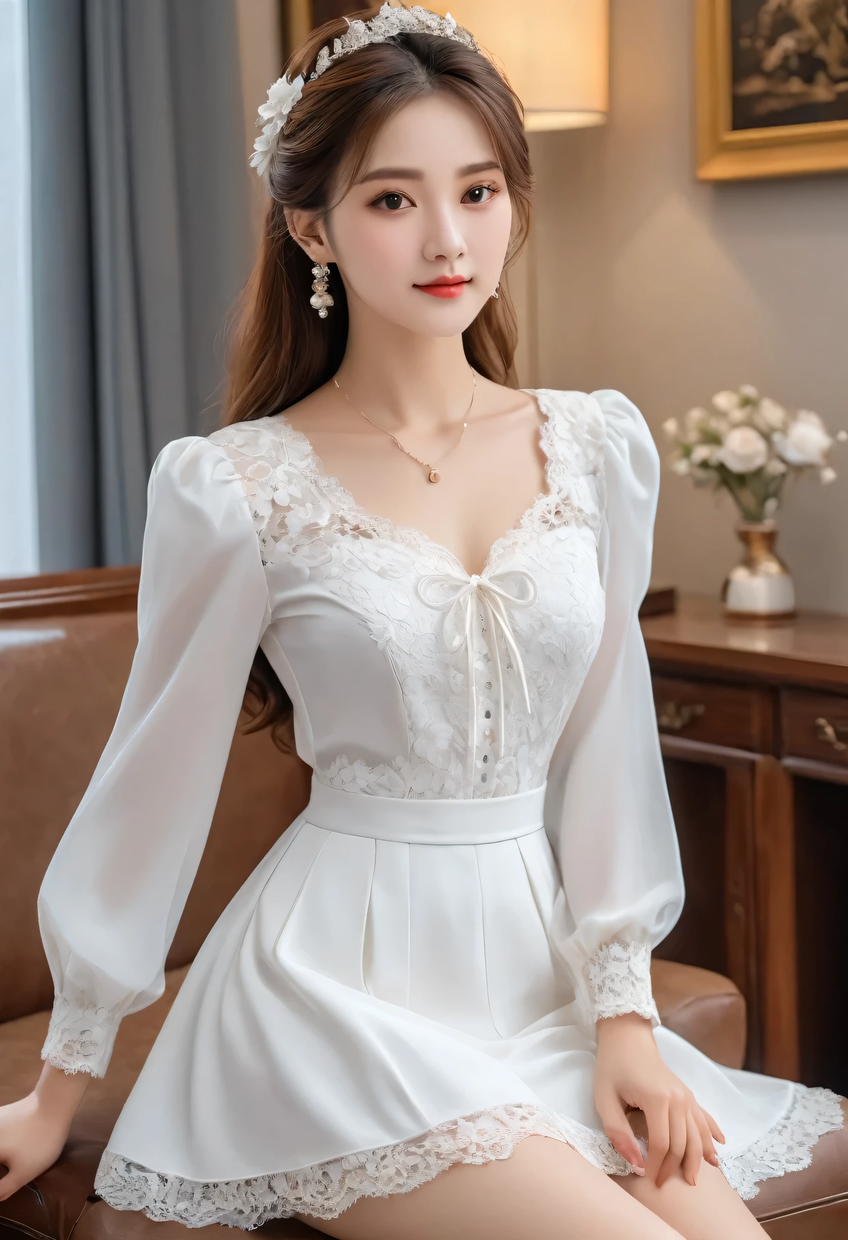 a young woman from the year 1990 wearing white laces (masterpiece, top quality, best quality, official art, beautiful and aesthetic:1.2), 1 girl,