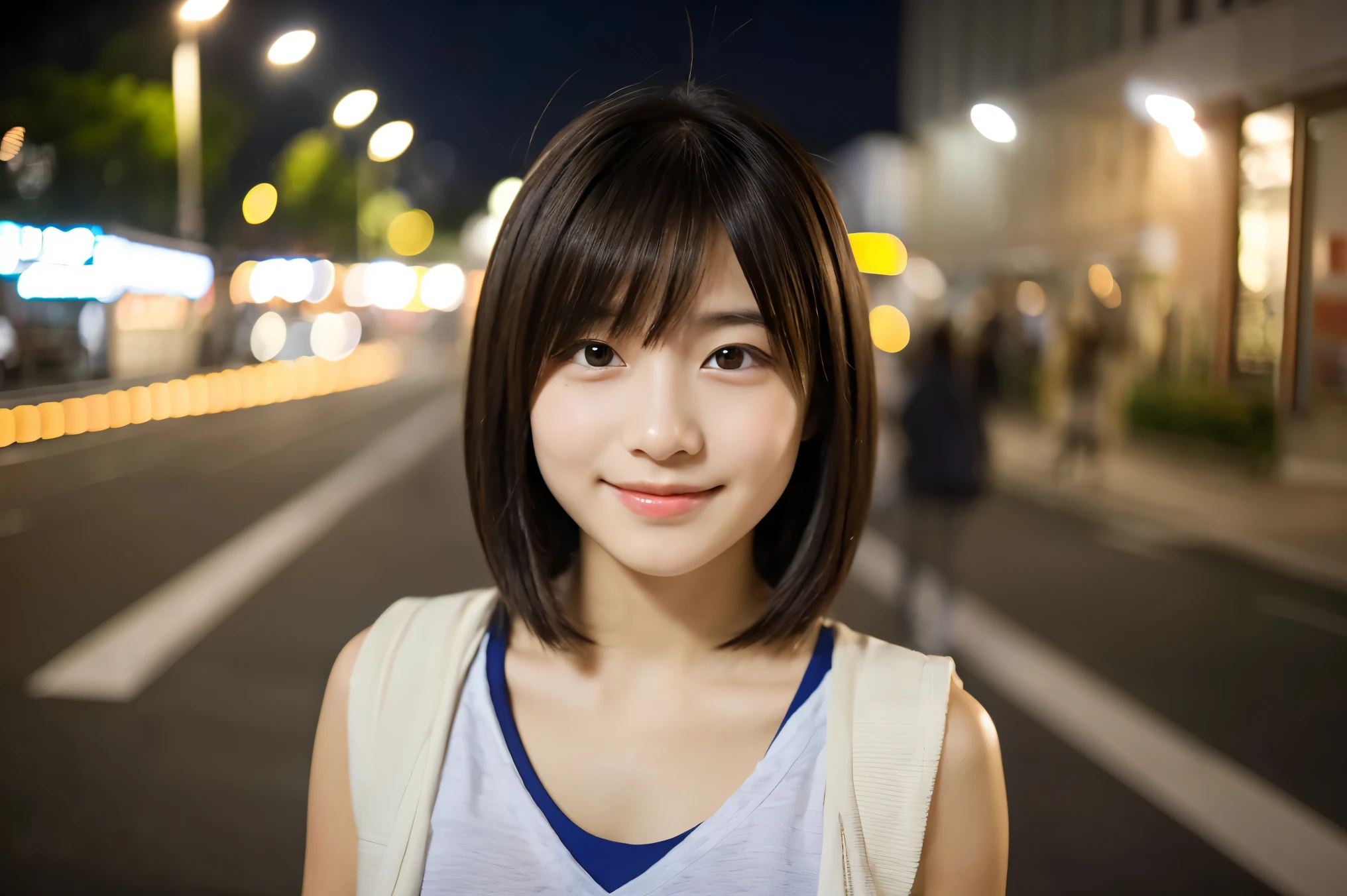 Very detailed　Amazingly high quality　Very high quality　smile　photograph　3 Japanese girls　Each girl has a different hairstyle randomly　　Fair skin　　((Half-open lips:1.3))　Beautiful and soft skin　((Beautifully styled straight short hair))  Beautiful and perfect body　Surprisingly very cute　Beautiful young man with clear skin々New Skins　16 years oldool girl wearing a thin camisole) Big Breasts　whole body　Everyday City　Busy city　　((night))　audience&#39;perspective　　Front view　　(Big Breasts:1.3)   (Cleavage)　(Amazingly cute girl:1.3)　　(whole bodyポートレート)　