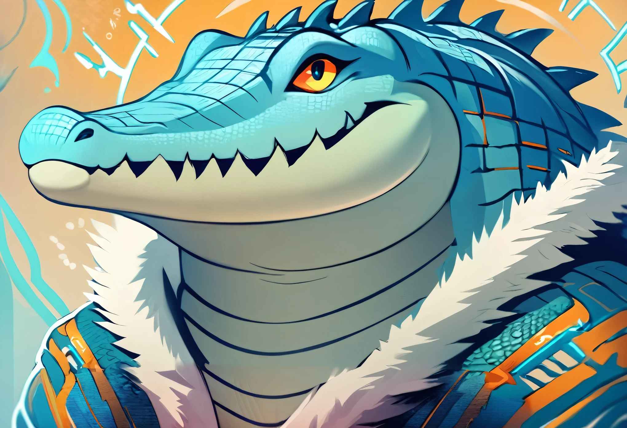 (((Crocodile with blue skin))), crocodile as a video game character, Персонаж Genshin Impact, cyberpunk crocodile, Ice magic, ice, in blue tones, Best quality, Very high resolution, 4K дetaileд CG, masterpiece, fantasy, illustration, interesting image, бесподобный masterpiece, perfect work of art, absurdity, High quality illustrations , Art Nouveau, rough lines, Man, крокодил Man, male crocodile, courageous, wide, plump, Male anthropomorphic Crocodile, Blue crocodile, Crocodile with blue skin, A proud expression on his face, (crocodile in a fur coat), Slavic clothing, (((full length))), Simple background
