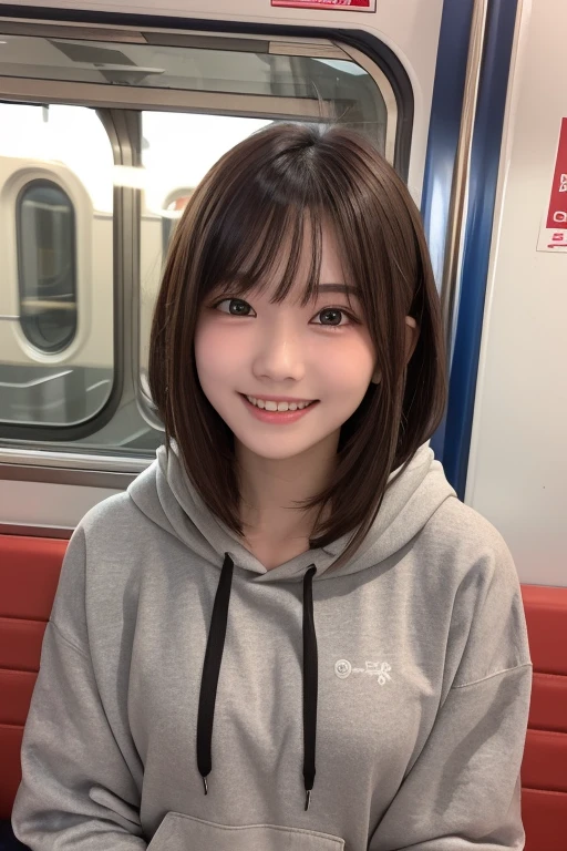 masterpiece, highest quality, One Girl, (Beautiful girl, Delicate girl:1.3), (:1.3), Very fine grain definition, (Symmetrical eyes:1.3), (Inside the train:1.2), (hoodie:1.3), Small breasts, Brown eyes, Parted bangs, Brown Hair, , (Eyes and facial details:1.2), Upper teeth, The best smile