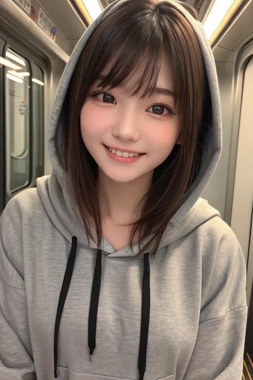 masterpiece, highest quality, One Girl, (Beautiful girl, Delicate girl:1.3), (:1.3), Very fine grain definition, (Symmetrical eyes:1.3), (Inside the train:1.2), (hoodie:1.3), Small breasts, Brown eyes, Parted bangs, Brown Hair, , (Eyes and facial details:1.2), Upper teeth, The best smile
