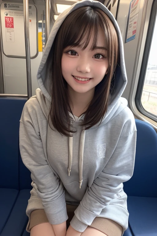 masterpiece, highest quality, One Girl, (Beautiful girl, Delicate girl:1.3), (15 years old:1.3), Very fine grain definition, (Symmetrical eyes:1.3), (Inside the train:1.2), (hoodie:1.3), Small breasts, Brown eyes, Parted bangs, Brown Hair, , (Eyes and facial details:1.2), Upper teeth, The best smile