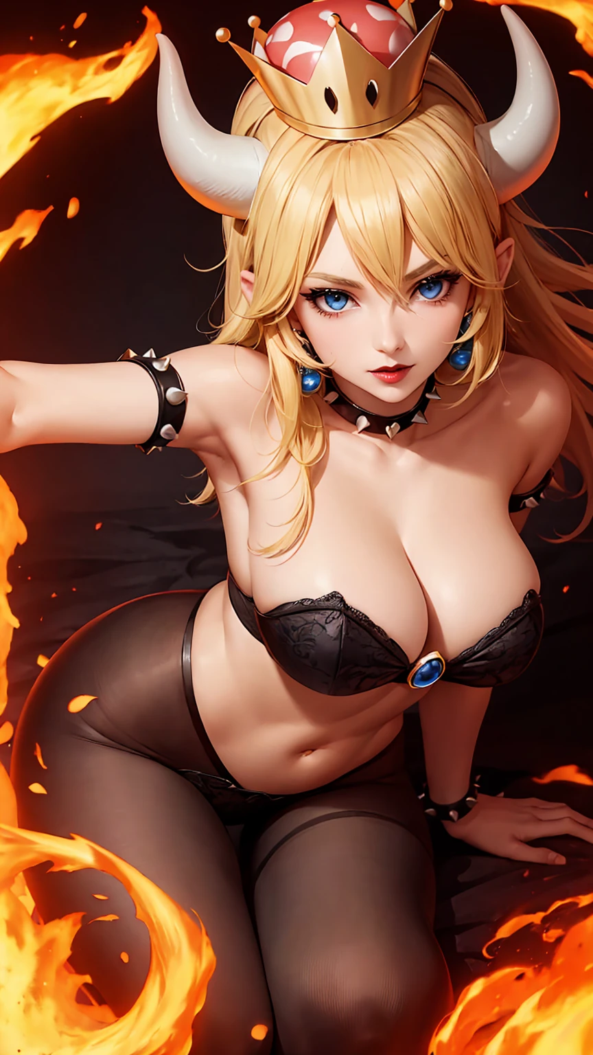 ((high detailed, best quality, 4k, masterpiece, hd:1.3)), ((best quality)), (((HD))), (((8k))), (ultraDH), (ultra HD), Princess Daisy, blue eyes, BREAK blue eyes, seductive, attractive, smooth anime cg art, 36C breasts, long legs, vivid colors, detailed digital art, slim body, perfect skin, dark blonde hair, long hair, blonde hair, blonde hair, BREAK crown, cleavage, 36C cleavage, looking at viewer, BREAK looking at viewer, extremely detailed face, red santa suit, red santa claus suit, santa claus suit, earrings, gem, dark black makeup lips, dark gothic eyeshadows, dark eyeshadows, black eyeshadows, black sexy lips, black lips, (dark:1.2), dark lips, very dark lips, (perfect hands, perfect anatomy), black makeup, black medium lips, black thick lips, detailed fingers, five fingers per hand, 5 fingers, (1 girl), detailed lips, detailed black lips, black painted lips, gothic painted lips, BREAK night, night sky, (breast focus), (arms outstreched:1.2), (from above:1.1), (breasts out:1.3), (off shoulder:1.1), (white horns), (lingerie), inside a lava castle, she inside a sea of lava, she bathing in lava,