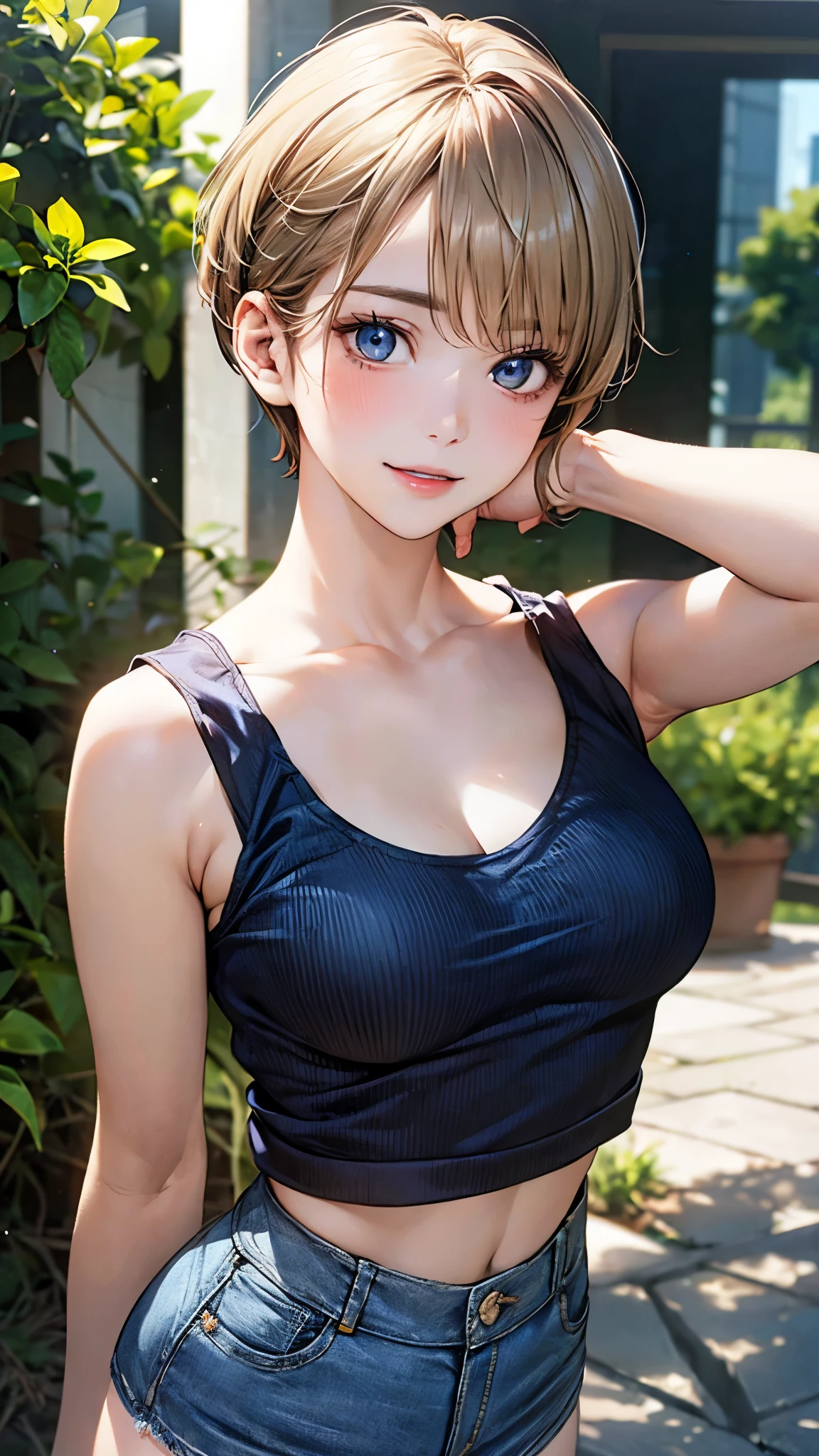 (masterpiece:1.2, top-quality), (realistic, photorealistic:1.4), beautiful illustration, (natural side lighting, movie lighting), nsfw,
looking at viewer, (face focus, upper body), 1 girl, japanese, 19 years old, perfect face, cute and symmetrical face, shiny skin,
(short hair:1.8, pixie cut hairstyle, blonde hair), swept bangs, blue eyes, long eye lasher, (large breasts, tight butt, seductive thighs), glamorous body,
beautiful hair, beautiful face, beautiful detailed eyes, beautiful clavicle, beautiful body, beautiful chest, beautiful thigh, beautiful legs, beautiful fingers,
((blue stripe tank top, denim mini skirt)),
(beautiful scenery), morning, (thicket:1.2), standing, sexy pose, {arms up | hands on chest}, (seductive smile, parted lips),
