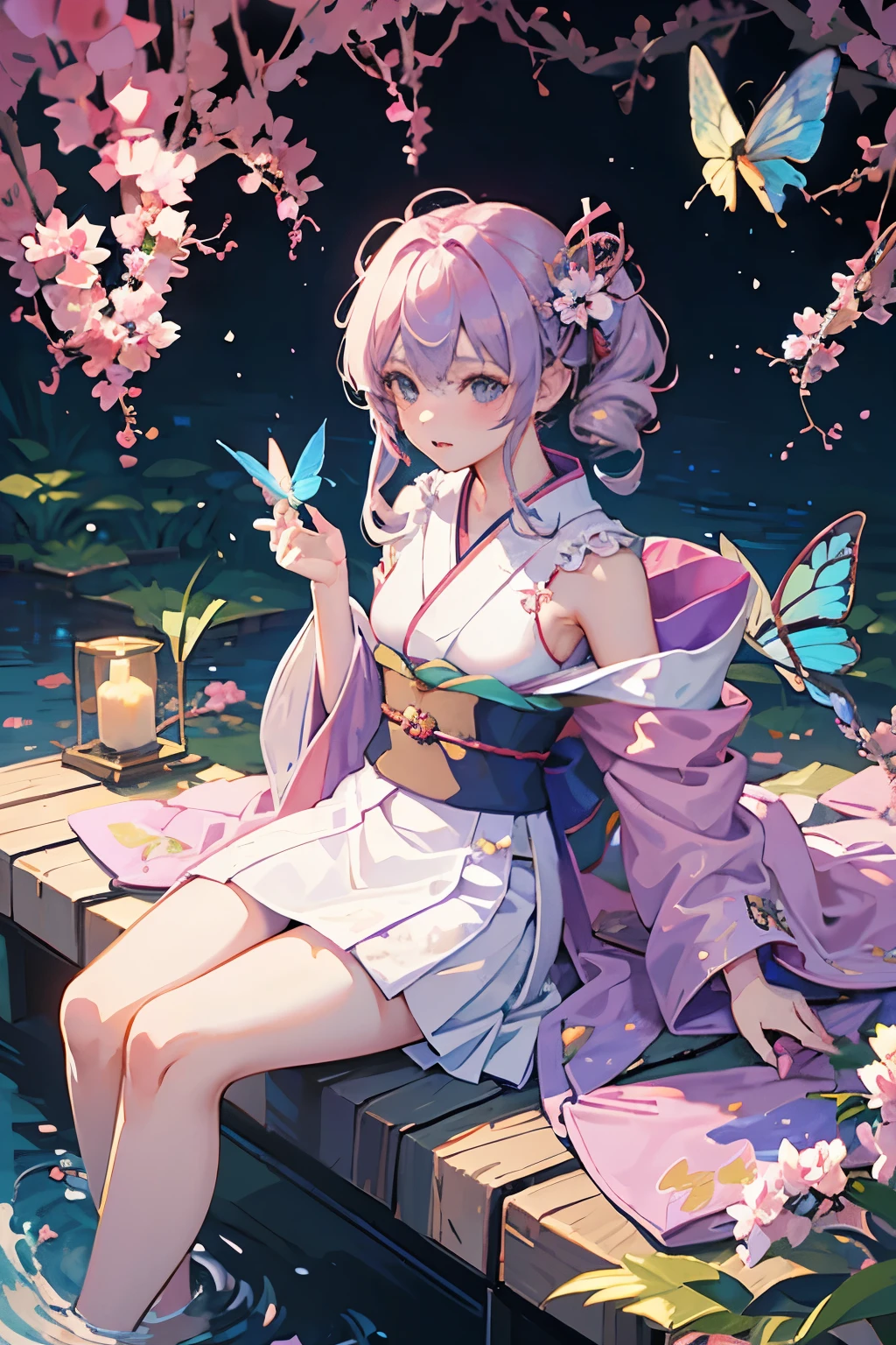 Anime girl sitting on bench，Holding a butterfly in his hand, Wearing Kimono, Wearing Kimono, Produced in collaboration with Anime Painter Studio, In the anime painter studio, Wearing a Kimono, Pale kimono, Wearing a Kimono, Wearing a haori,  Wear clothes, Insect Trainer Girl, Young anime girl, Anime art style, Demon Slayer Rui Fan Art