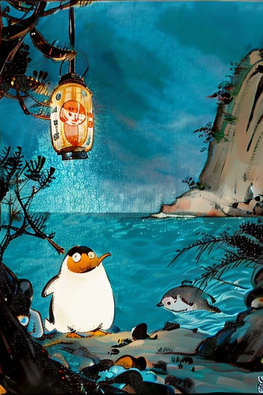 outdoors, water, no humans, bird, ocean, animal, lantern, rock, animal focus, penguin