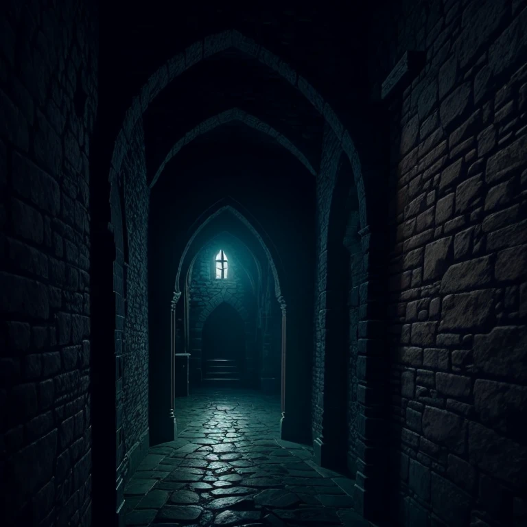 Inside the haunted castle's keep at night time. There is a path leading to the keep entrance.