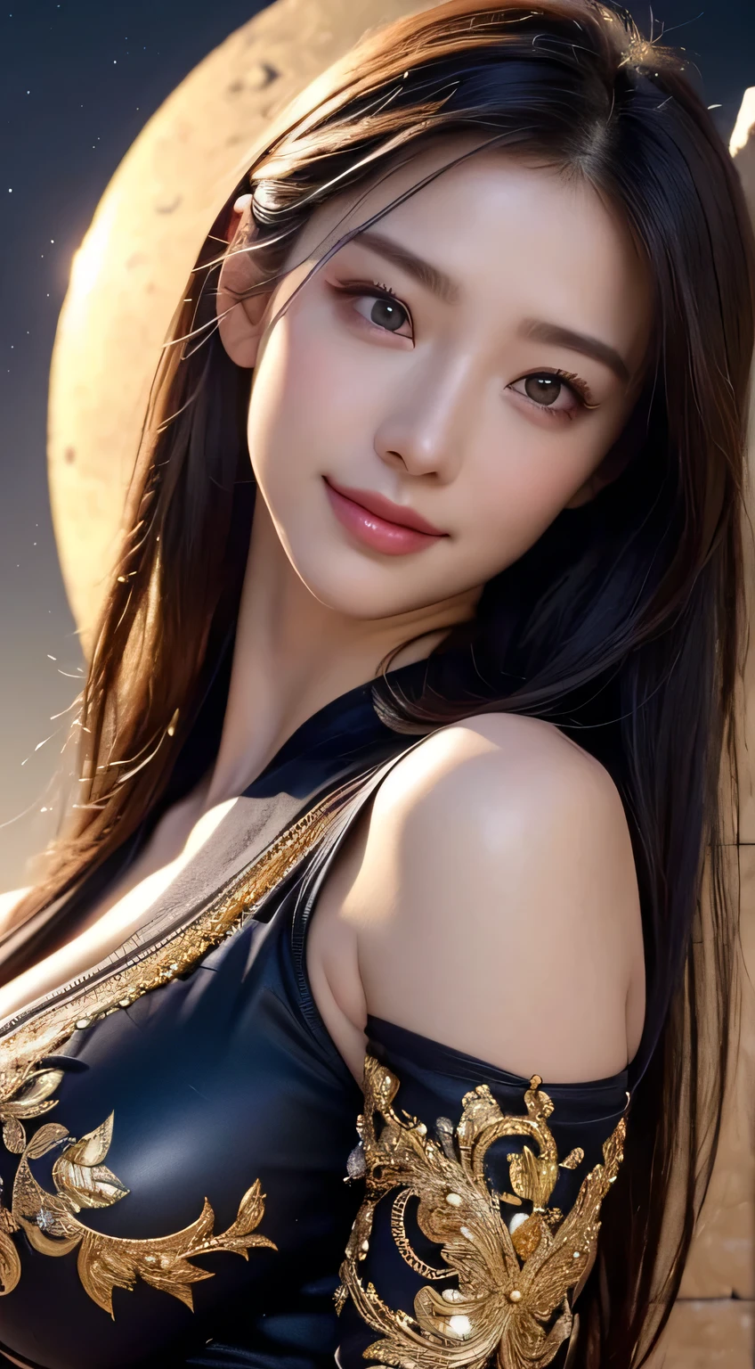 Kimono beauty, body portrait, 8k, thin and beautiful eyes, Dindal effect, masterpiece, top quality, high quality, high resolution, very detailed photo, (natural skin texture, fine skin, hyper realism, super sharpness) , high detail skin, (very fine, fine skin texture, intricate details, beautiful face, (real-like face), realistic eyes, beautifully detailed eyes, realistic skin, beautiful skin, surreal, Highly detailed, golden ratio, smiling eyes, ((night moonlight background)), body portrait, G cup, big breasts, huge breasts, big breasts, glamorous, shiny bodysuit