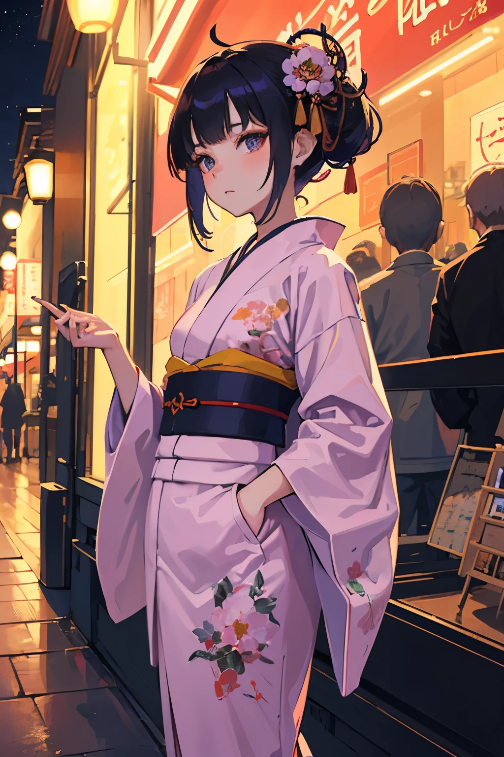 Anime girl shopping at night market,Small fan in hand, Wearing Kimono, Wearing Kimono, Produced in collaboration with Anime Painter Studio, In the anime painter studio, Wearing a Kimono, Pale kimono, Wearing a Kimono, Wearing a haori, Wear clothes, Young anime girl, Anime art style, Demon Slayer Rui Fan Art,