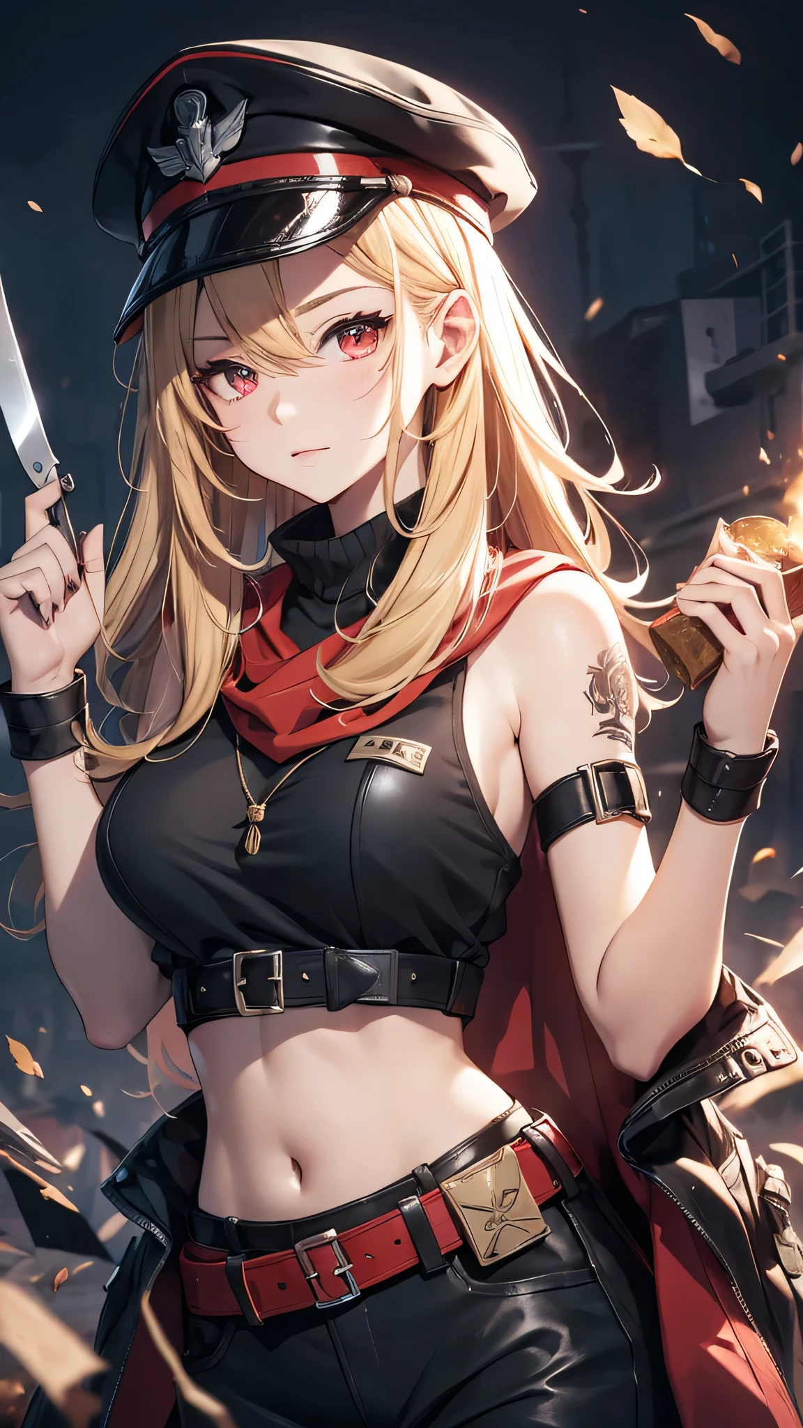 最high quality、Best image quality、masterpiece、girl((Age 25、 By becoming、Best Bust、Medium Bust,Wide open breast tea、Red glowing eyes,Blonde、Red Mesh、Disheveled Hair、Lointail、thin,The highest valley、Open chest、Luminous Wristbands、hair ornaments、Show the whole body,Black tank top、Red Bandana、Military pantuscular、Survival knife、scar、Military Cap)),high quality、Beautiful art、background((Photography room))、Flight、Flying debris、Written boundary depth、movie、Visual Arts、Perfect art、8K,Genuine,