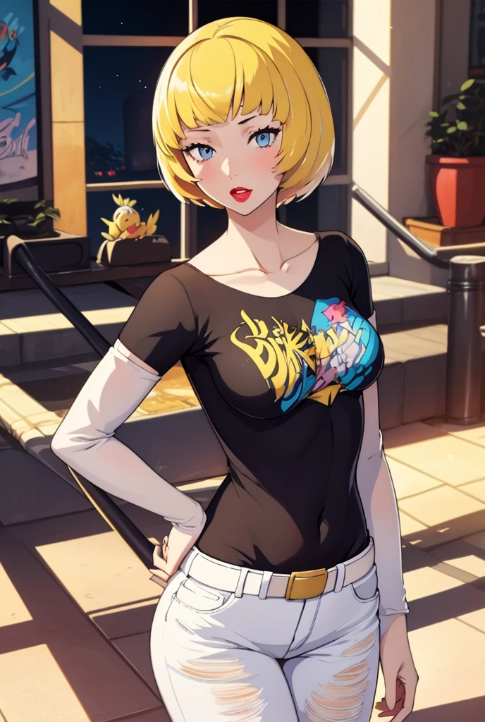 (masterpiece, best quality), 1girl,  elesa (pokemon), blonde hair, short hair, blunt bangs, 1girl, solo, standing, black t-shirt, white shirt, blue jeans, belt, lipstick, large breasts, layered sleeves
