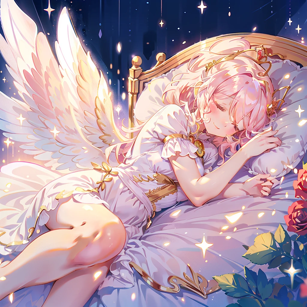 white background,((rose field)),(((Sleeping on his side with a smile on his face:1.1))),(sleep peacefully),shot from the side,Close ~ eyes,((long red dress that covers the legs)),((Sparkling red fluffy layered ball gown)),A large and beautiful dress inspired by rose flowers, lots of flowers、gold decoration,black ruffles、Intricate billowing ball gown with rhinestones,my heart is floating, ((giant white fairy wings))、gradient hair, golden hair, hair in the wind, wavy hair,fluffy hair,tiara,long eyelashes, light pink blush,pointed ears, long and thin legs, golden hour, dazzling light, warm lighting,only one face