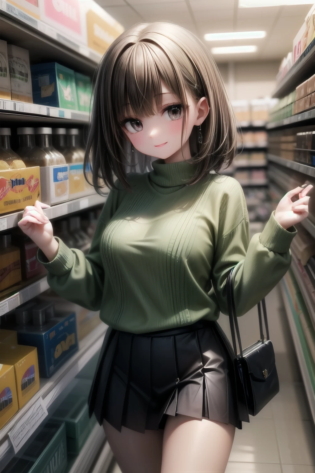 very cute and beautiful girl,(highly detailed beautiful face),
(smile),happy,looking at viewer,(green sweater),cowboy shot,pleated black mini skirt,
shopping in supermarket,black hair,
(best quality,masterpiece),absurdres,highres,ultra-detailed,extremely detailed,32k,8k resolution,
intricate details,cinematic scene,detailed background,solo,dynamic angle,aesthetic darkbrown eyes,