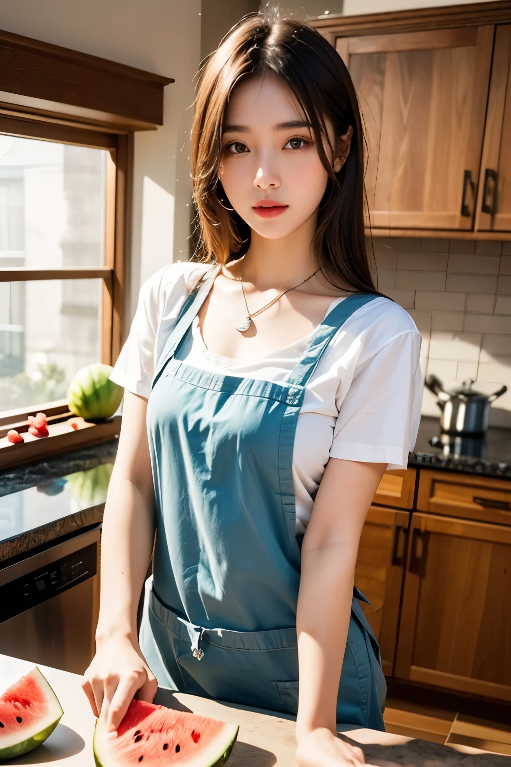 Background and model as is, (best quality, 8K, masterpiece: 1.3), Beautiful woman with perfect body: 1.2, dark brown hair, wearing a pendant, wearing an apron, in the kitchen, Highly detailed face and skin, detailed eyes, double eyelid, cut watermelon,