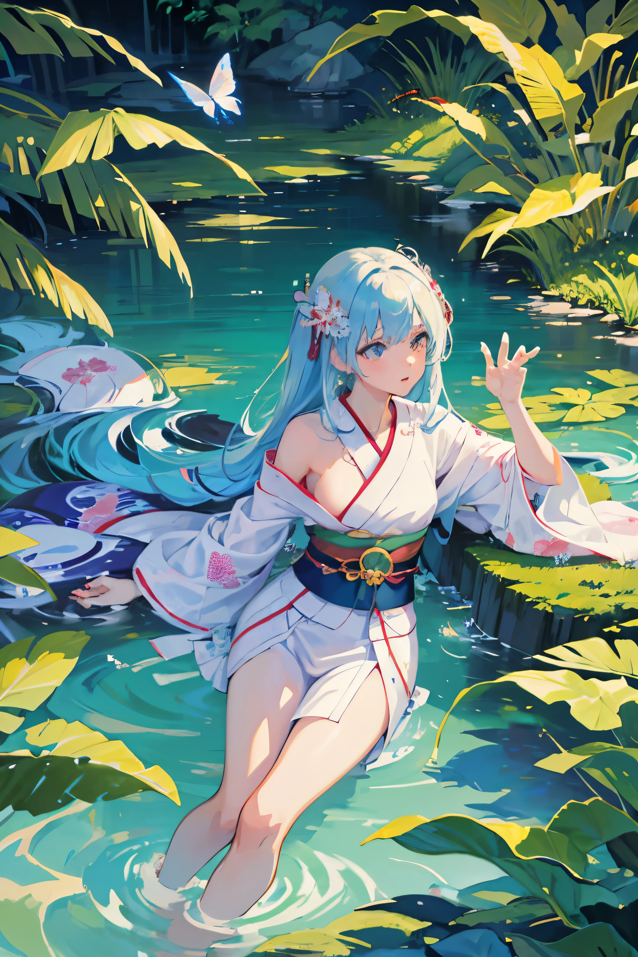 Anime girl standing in the water,Holding a butterfly in his hand, Wearing Kimono, Wearing Kimono, Produced in collaboration with Anime Painter Studio, In the anime painter studio, Wearing a Kimono, Pale kimono, Wearing a Kimono, Wearing a haori, Wear clothes, Young anime girl, Anime art style, Demon Slayer Rui Fan Art,