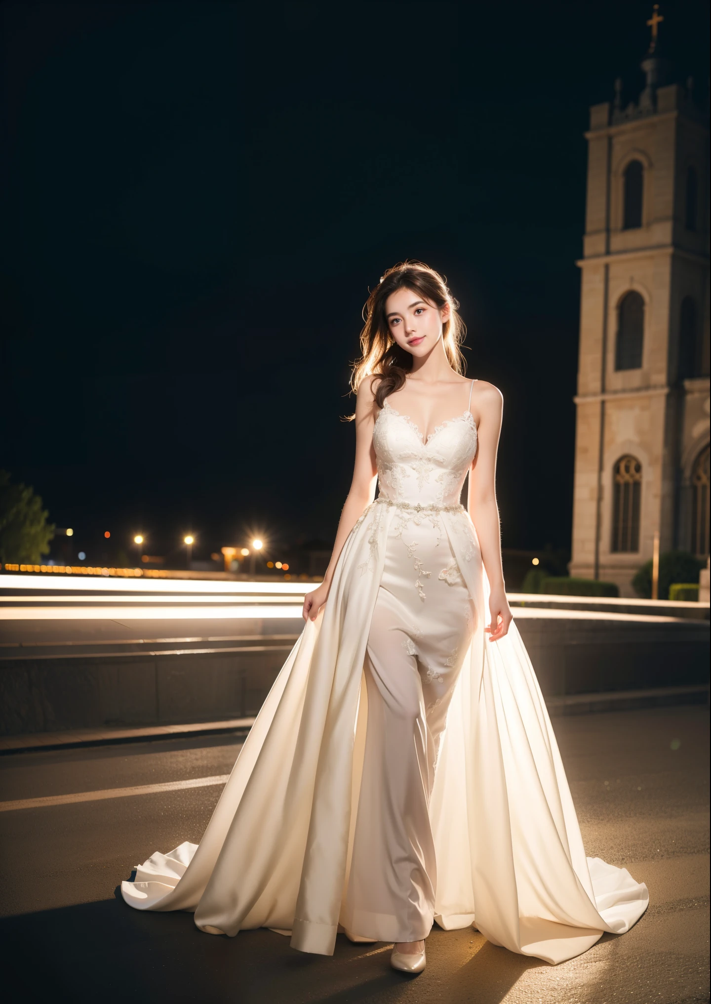 Beautiful 17 year old  woman。She is wearing a wedding dress. She is smiling on illuminated by the evening church lights . romantic sunset. her dark brown hair. High resolution、masterpiece、highest quality、頭w:1.0、((Hasselblad Photos))、fine skin、(movie lighting)、clavicle . full body picture.