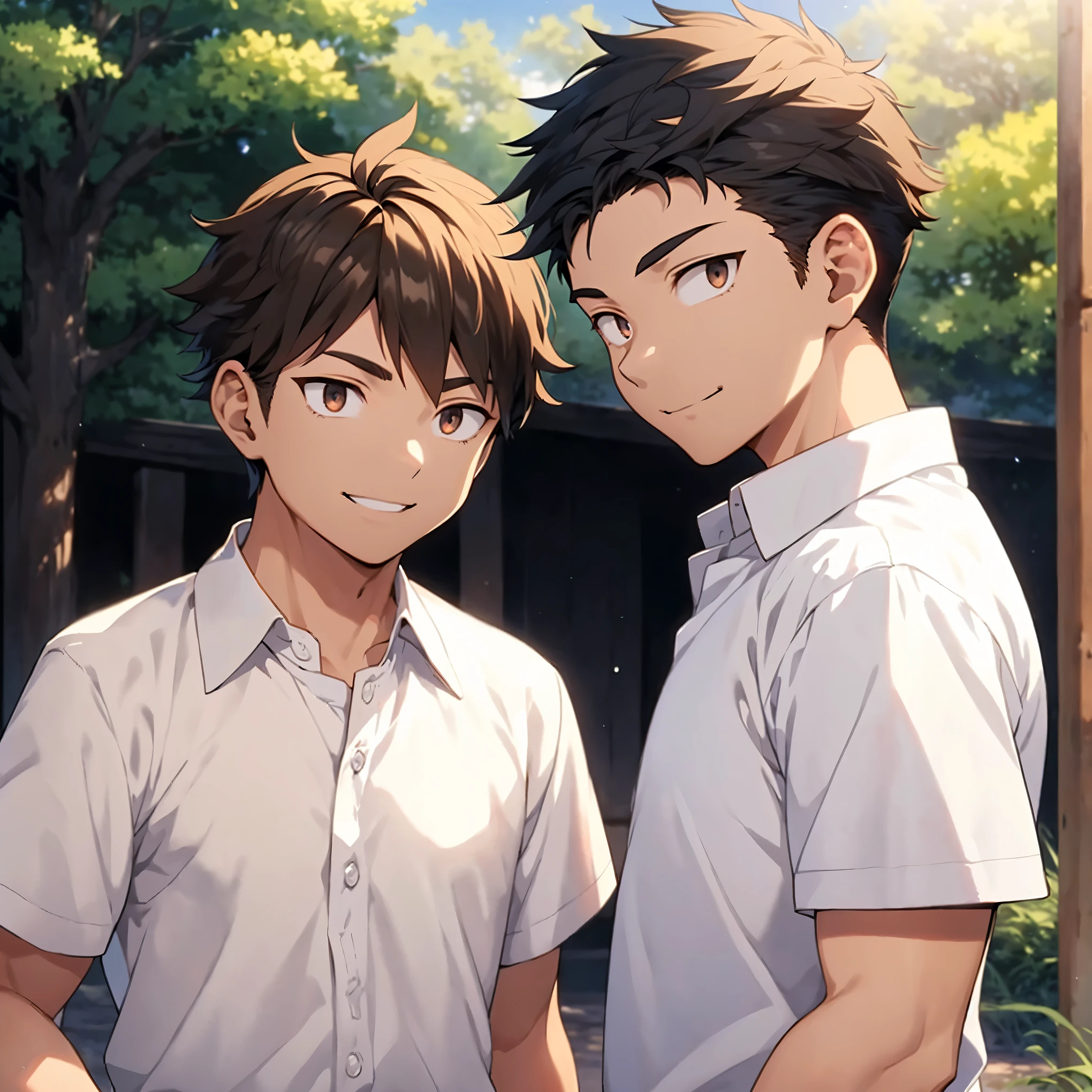 2 boy,black hair and brown hair,(hold shoulders),eye contact,(white open collar shirt,short sleeves),smile,Roadside tree,(Watercolor),(detailed eyes),detailed skin,(masterpiece,best quality:1.4),Top Quality,High quality,Ultra detailed,insanely detailed,anime style