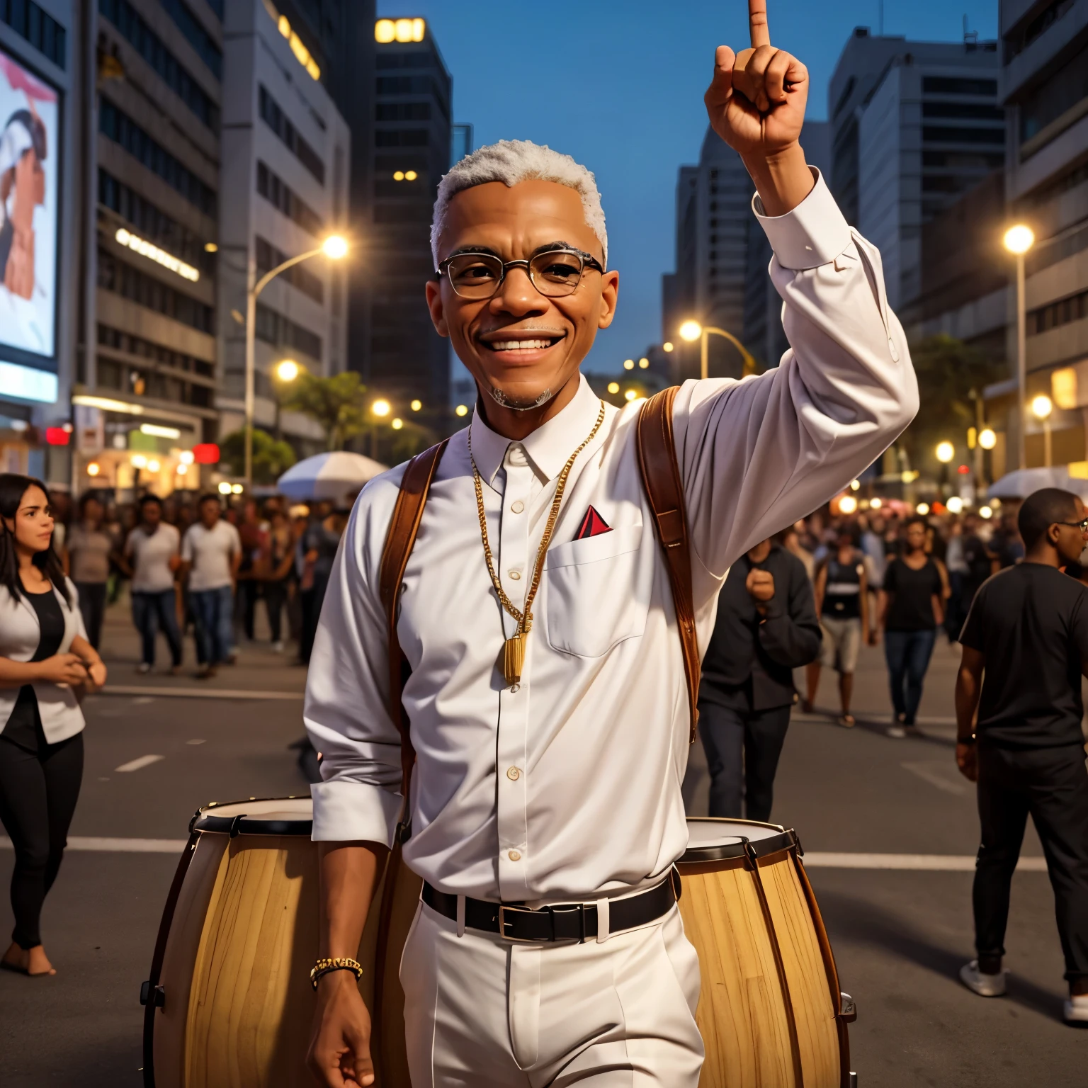 Create an image of the leader of the American black movement Malcolm X smiling and happy in the city of São Paulo, andando em frente ao MASP a noite, surrounded by people who are dancing and playing big and small drums. Todas as pessoas e inclusive Malcolm X, They are wearing a uniform that is a large, loose white shirt and loose white pants. A camisa tem ao centro uma estampa de uma estrela preta, medium size and people are using African accessories. Malcolm has a big drum (alfaia) pendurado em seu tronco, and he&#39;s going to play maracatu.