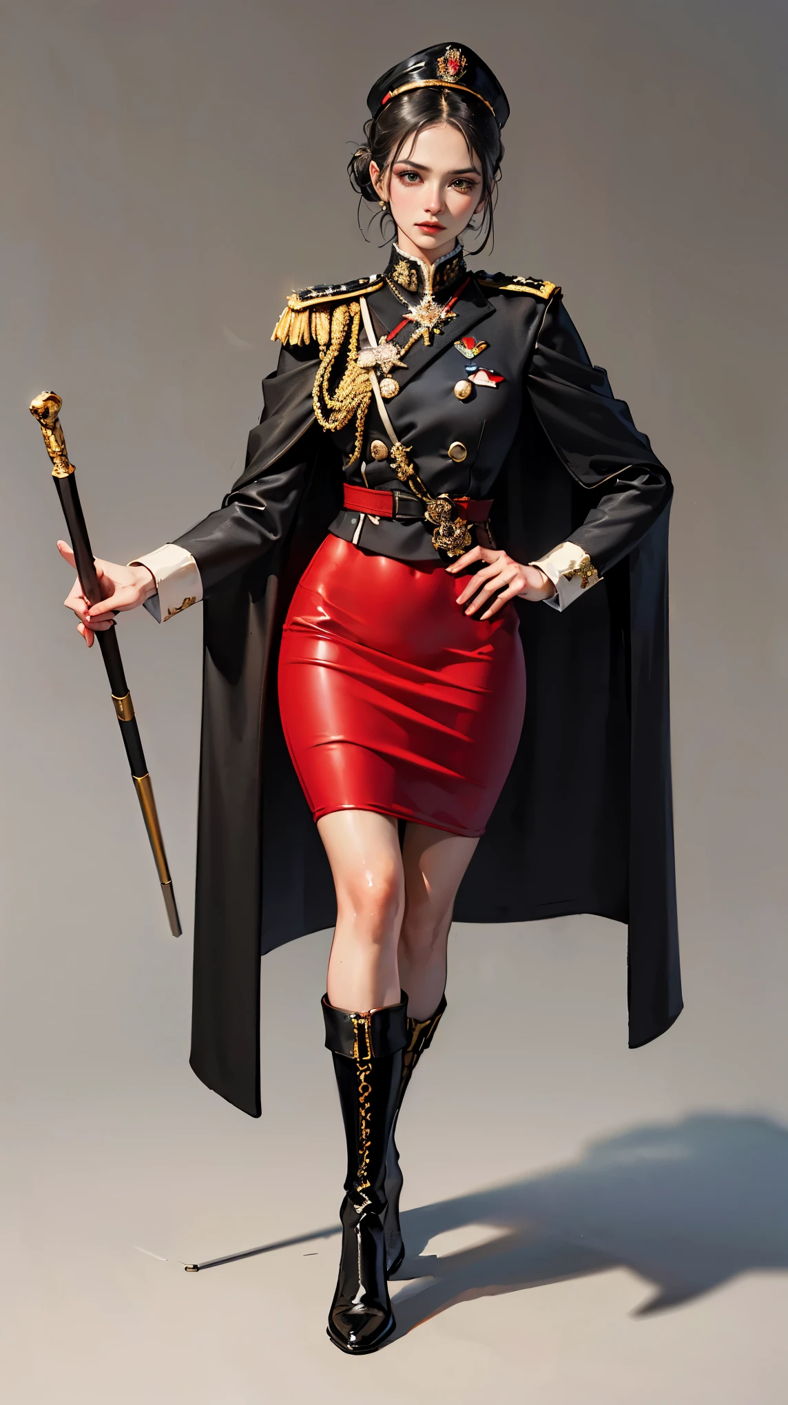 (Best quality, 4K, high resolution, masterpiece, ultra-detailed, realistic anatomy, photo-realistic:1.37), alluring mature woman, high-ranking military officer, (wearing Prussian Field Marshal uniform), (black double-breasted jacket adorned with medals), (matching pencil skirt), (matching shoulder cape), Prussian field marshal cap, black stocking, heel boots, chestnut hair, elegantly styled in a chignon bun, standing authoritatively while holding the Field Marshal's baton, This full-body portrait captures her formidable presence and power, with sharp focus on her uniform's intricate details, her numerous medals, and her intense gaze, The image evokes an aura of experience, discipline, and supreme authority, set against an impressive military headquarters backdrop,