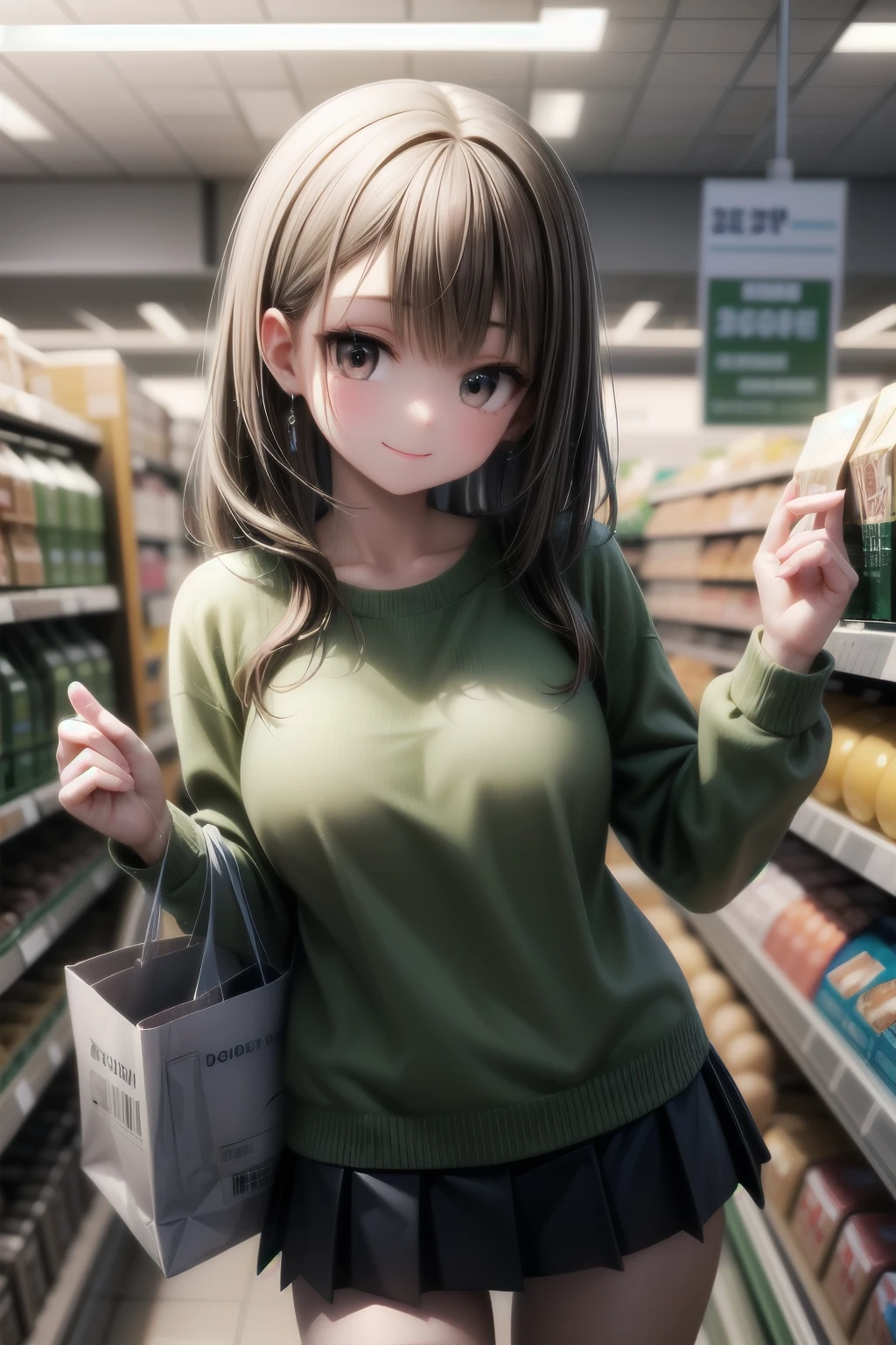 very cute and beautiful girl,(highly detailed beautiful face),
(smile),happy,looking at viewer,(green sweater),cowboy shot,pleated black mini skirt,
shopping in supermarket,black hair,
(best quality,masterpiece),absurdres,highres,ultra-detailed,extremely detailed,32k,8k resolution,
intricate details,cinematic scene,detailed background,solo,dynamic angle,aesthetic darkbrown eyes,