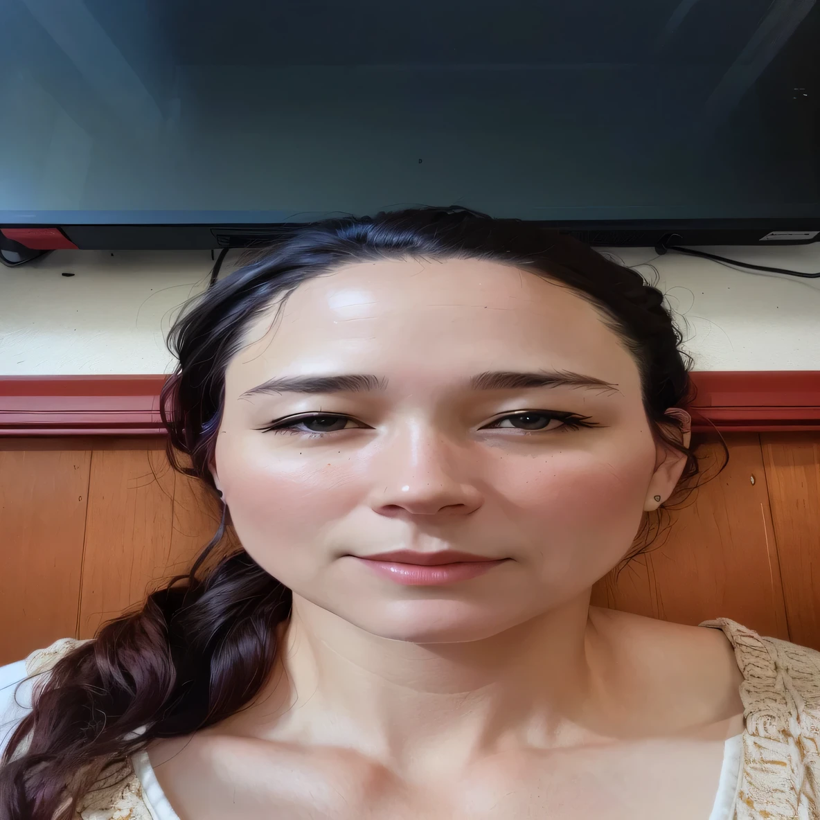there is a woman wearing a red shirtthat is sitting in front of a tv, Her hair is shoulder-length, (38 years old), 38 years old, 3 s old, 3 2 year 2 8 years old,ars old woman, 3 0 years old woman, 2 9 years old, 2 7 yld, korean symml face, 35 years old, 3 5 years old