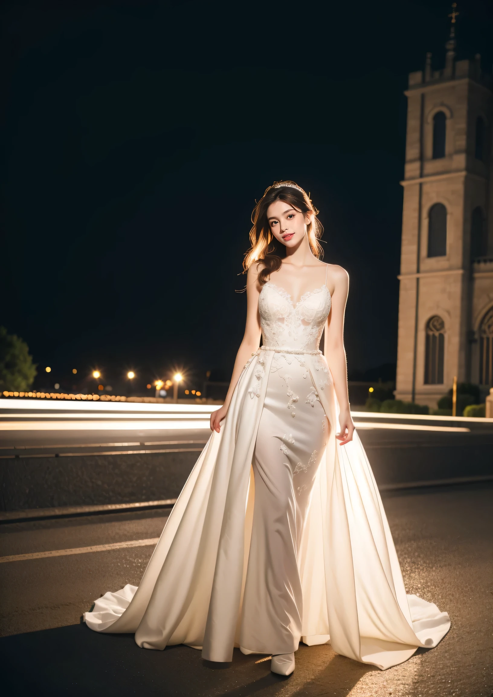 Beautiful 17 year old woman。She is wearing a wedding dress. She is smiling on illuminated by the evening church lights . romantic sunset. her dark brown hair. High resolution、masterpiece、highest quality、頭w:1.0、((Hasselblad Photos))、fine skin、(movie lighting)、clavicle . full body picture.